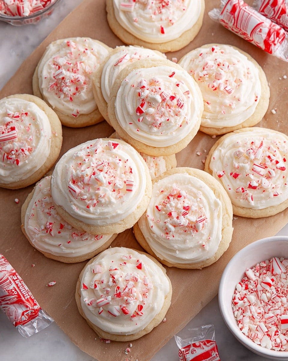 A pile of soft, round sugar cookies spread out on brown parchment paper over a white marbled surface, each cookie topped with a thick swirl of smooth white frosting. The frosting is generously sprinkled with small and large pieces of crushed red and white peppermint candy that add a textured, colorful contrast. On the side, there is a white bowl filled with more crushed peppermint pieces and several individually wrapped red and white peppermint candies scattered around. The light and fluffy cookies have a slightly golden edge, and the overall scene is bright and inviting. photo taken with an iphone --ar 4:5 --v 7