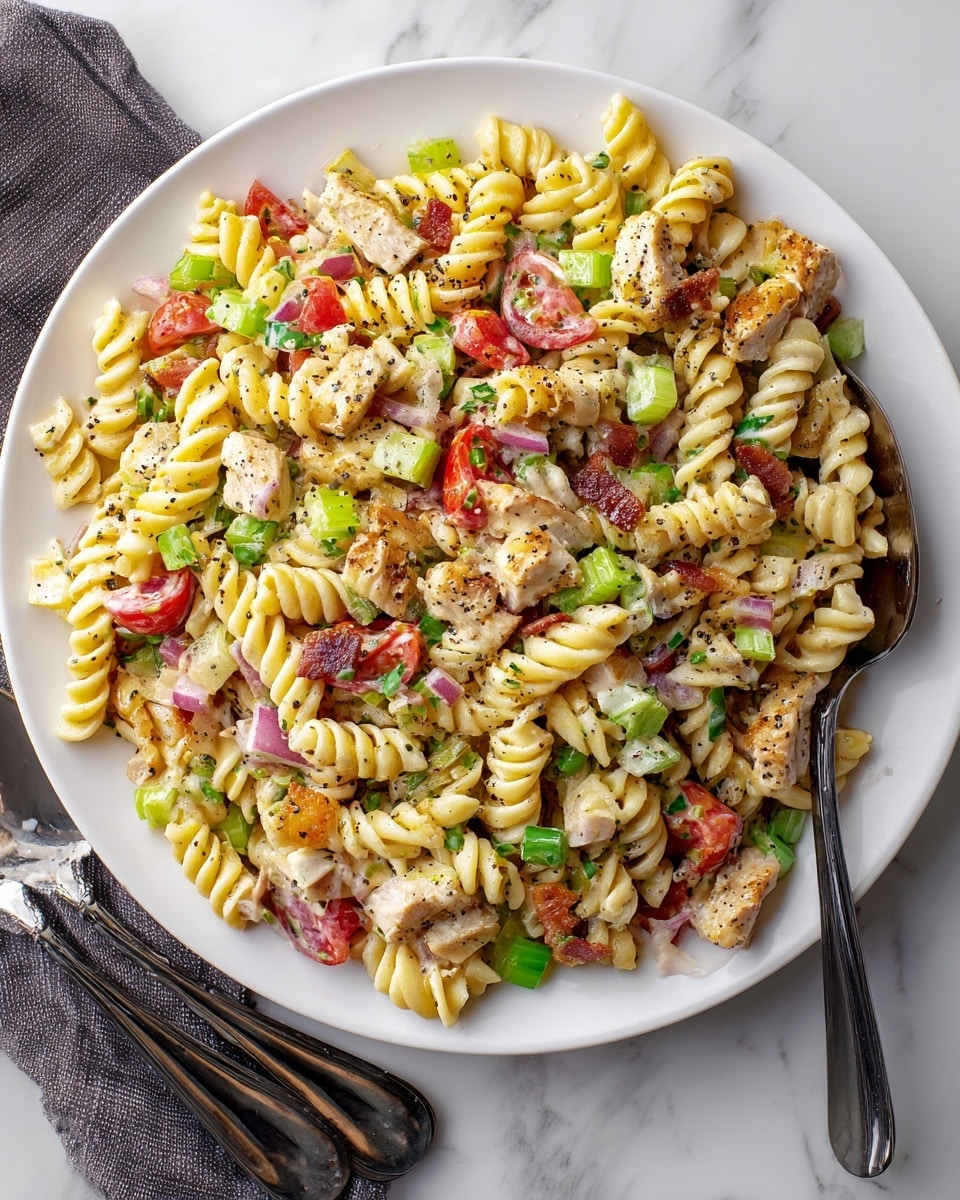 A white plate holds a colorful pasta salad made of twisted yellow pasta curls mixed with chopped green celery, red grape tomatoes, small light brown chicken chunks, and small cubes of pale yellow cheese. Bits of crispy dark brown bacon are scattered throughout, and the entire dish is sprinkled with black pepper. The plate sits on a white marbled surface with two dark serving spoons on a cloth to the left side. photo taken with an iphone --ar 4:5 --v 7