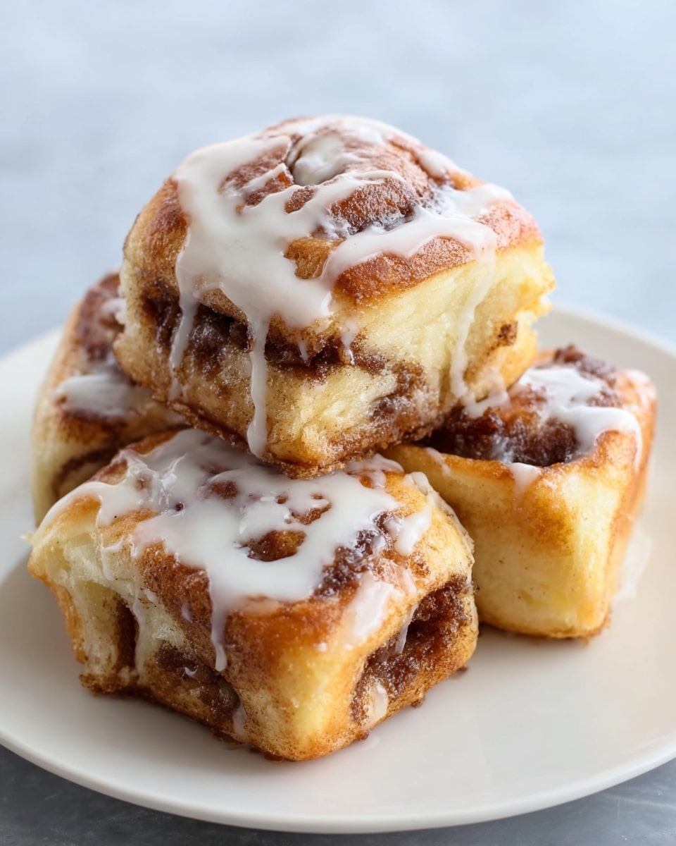 The image shows three cinnamon rolls stacked on a white plate. Each cinnamon roll has two main layers: a soft golden-brown dough base and a dark brown cinnamon sugar filling swirled inside. The rolls are topped with white icing drizzle that contrasts with the darker cinnamon spots on top. The background is a smooth white marbled texture, and the rolls look soft and moist with a shiny glaze in some parts. Photo taken with an iphone --ar 4:5 --v 7