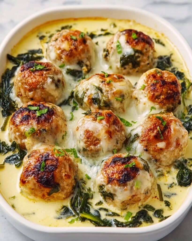 Baked Chicken Ricotta Meatballs with Spinach Alfredo Sauce Recipe