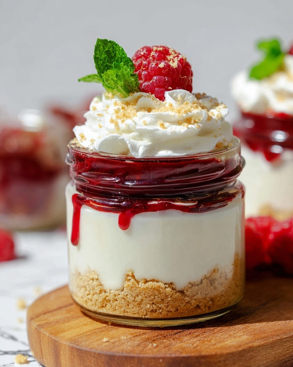 A glass jar dessert with three clear layers is shown on a wooden board on top of a white marbled surface. The bottom layer is a crumbly golden-brown biscuit base. The middle layer is smooth, creamy white filling. The top layer is a glossy, deep red raspberry sauce that slightly drips down the side of the jar. On top, there is a fluffy white whipped cream sprinkled with light crumbs, garnished with a bright red raspberry and two fresh green mint leaves. The background is softly blurred with another similar jar visible. photo taken with an iphone --ar 4:5 --v 7