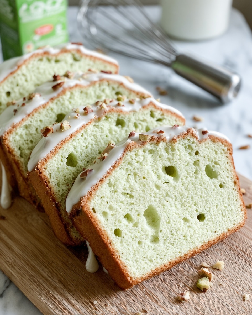 The image shows four slices of light green cake arranged in a row on a wooden board. Each slice has a soft, spongy texture with small air holes spread throughout. The top layer is covered with a thin, white glaze that slightly drips down the sides, sprinkled with small crushed nuts that add texture and color contrast. The cake edges are lightly browned, giving a golden frame to the soft interior. In the background, a metal whisk and a carton can be seen blurred. The whole scene is set on a white marbled surface. photo taken with an iphone --ar 4:5 --v 7