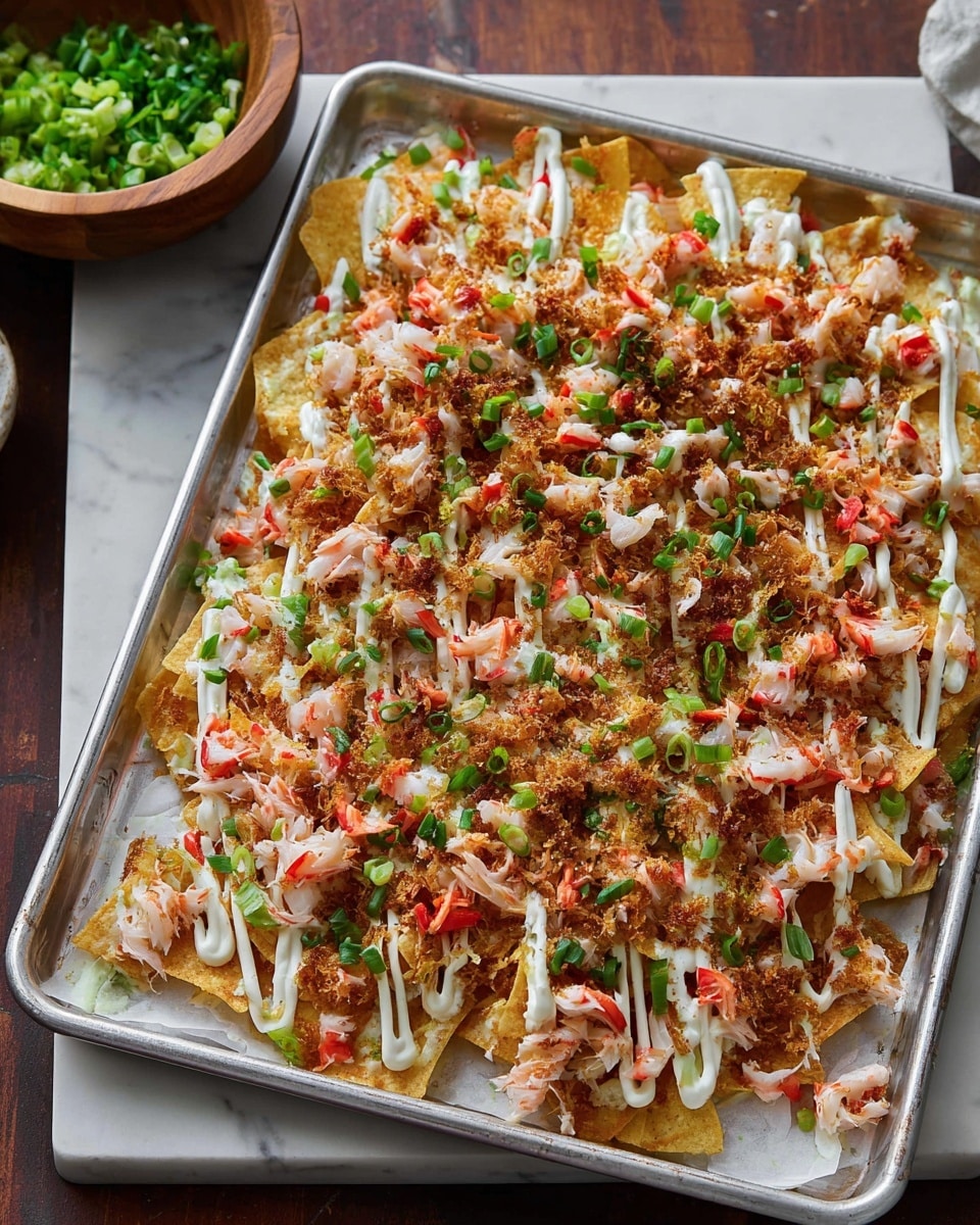 A large silver tray lined with white parchment paper holds a layered dish starting with a thick base of golden brown crispy tortilla chips. On top of the chips, there are creamy white zigzag lines of sauce spread evenly across the dish. Scattered all over are small pieces of chopped white and red crab sticks mixed with bits of shredded white cheese and browned, crispy cooked crumbs that add texture. Finally, bright green chopped spring onions are sprinkled across the top, adding fresh color. The tray sits on a white marbled surface, with a wooden bowl filled with extra chopped spring onions in the background. photo taken with an iphone --ar 4:5 --v 7