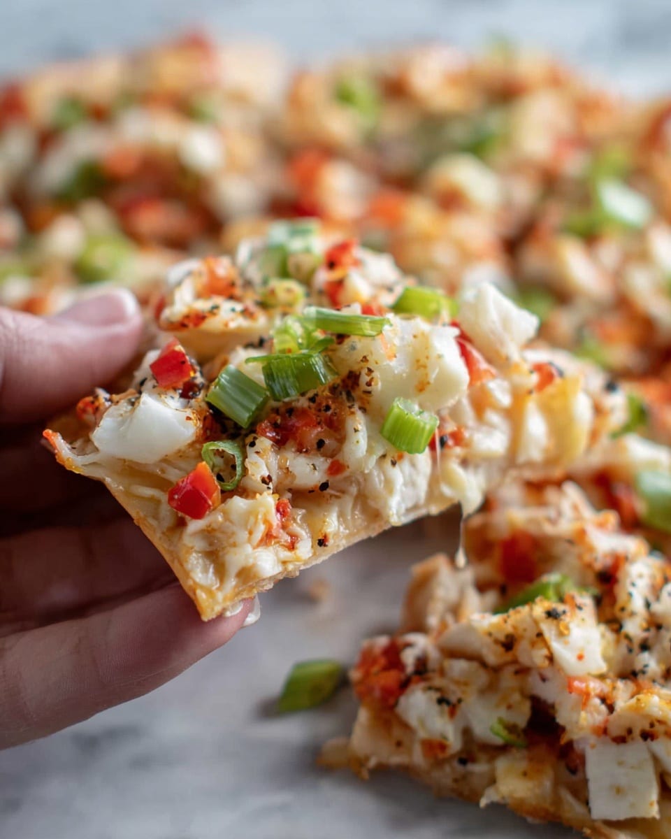 A close-up of a slice of pizza being held by a woman's hand, showing three main layers: a crispy thin crust base with a golden brown color, a thick middle layer of melted white cheese mixed with small pieces of red and green vegetables, and a topping layer of chopped green onions and small red pepper bits, with some black seasoning sprinkled on top. The pizza looks fresh and colorful, resting on a white marbled surface. Photo taken with an iphone --ar 4:5 --v 7