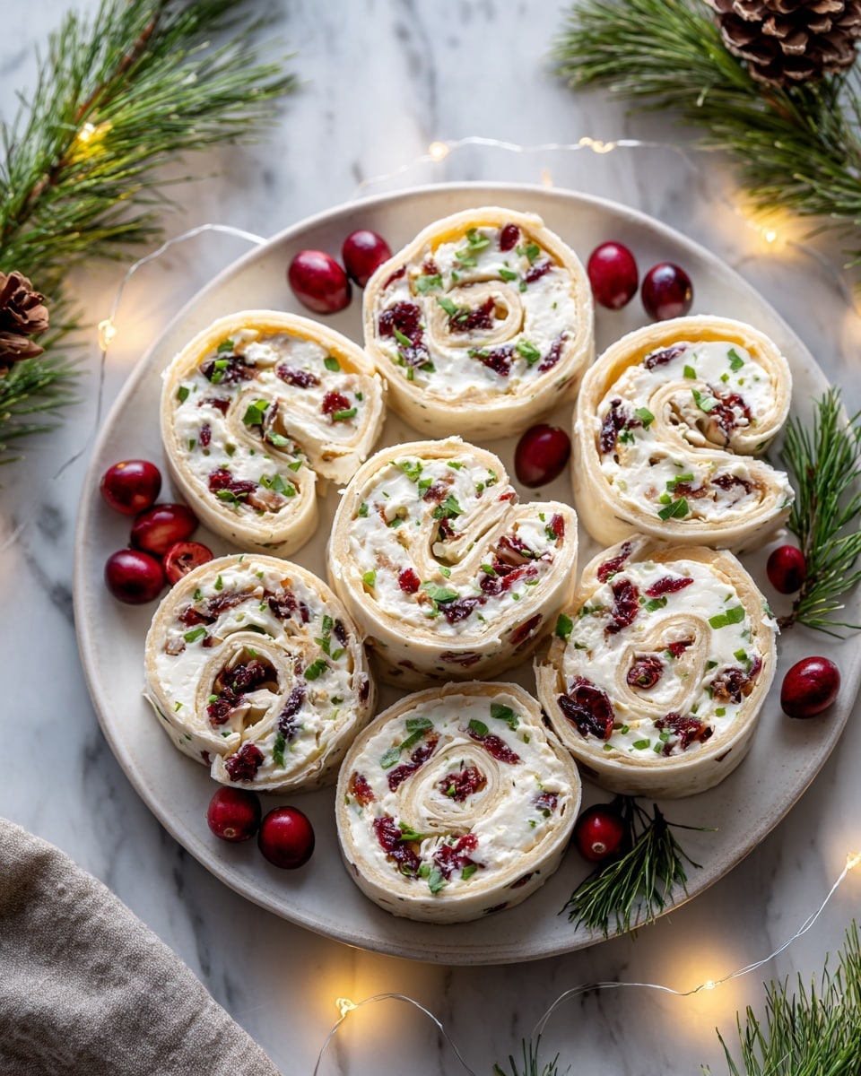 A close-up of a white creamy cheese roll with three layers, held by a woman's hand with short nails, showing the swirl made of white soft cream cheese mixed with small pieces of red dried cranberries and green herbs, all rolled in a thin white wrap. The roll has a smooth and soft texture with visible specks of red and green inside. In the background, there is a white plate filled with similar cheese rolls, slightly out of focus, sitting on a white marbled surface with a festive feel created by blurred warm yellow lights and pinecones around. Photo taken with an iphone --ar 4:5 --v 7
