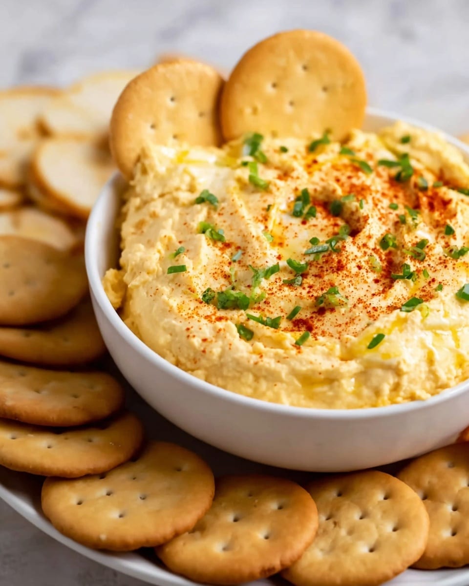 A white bowl filled with creamy light yellow hummus that has a smooth, slightly fluffy texture, topped with a sprinkle of reddish-brown paprika and small chopped green herbs scattered over the surface. Two light tan round crackers are partially dipped into the hummus, resting upright inside the bowl near the back edge. Around the base of the bowl, there is a collection of matching light tan round crackers with a slightly baked texture and small holes in a circle pattern. The dish is placed on a white plate, all set against a soft focus white marbled background. Photo taken with an iphone --ar 4:5 --v 7