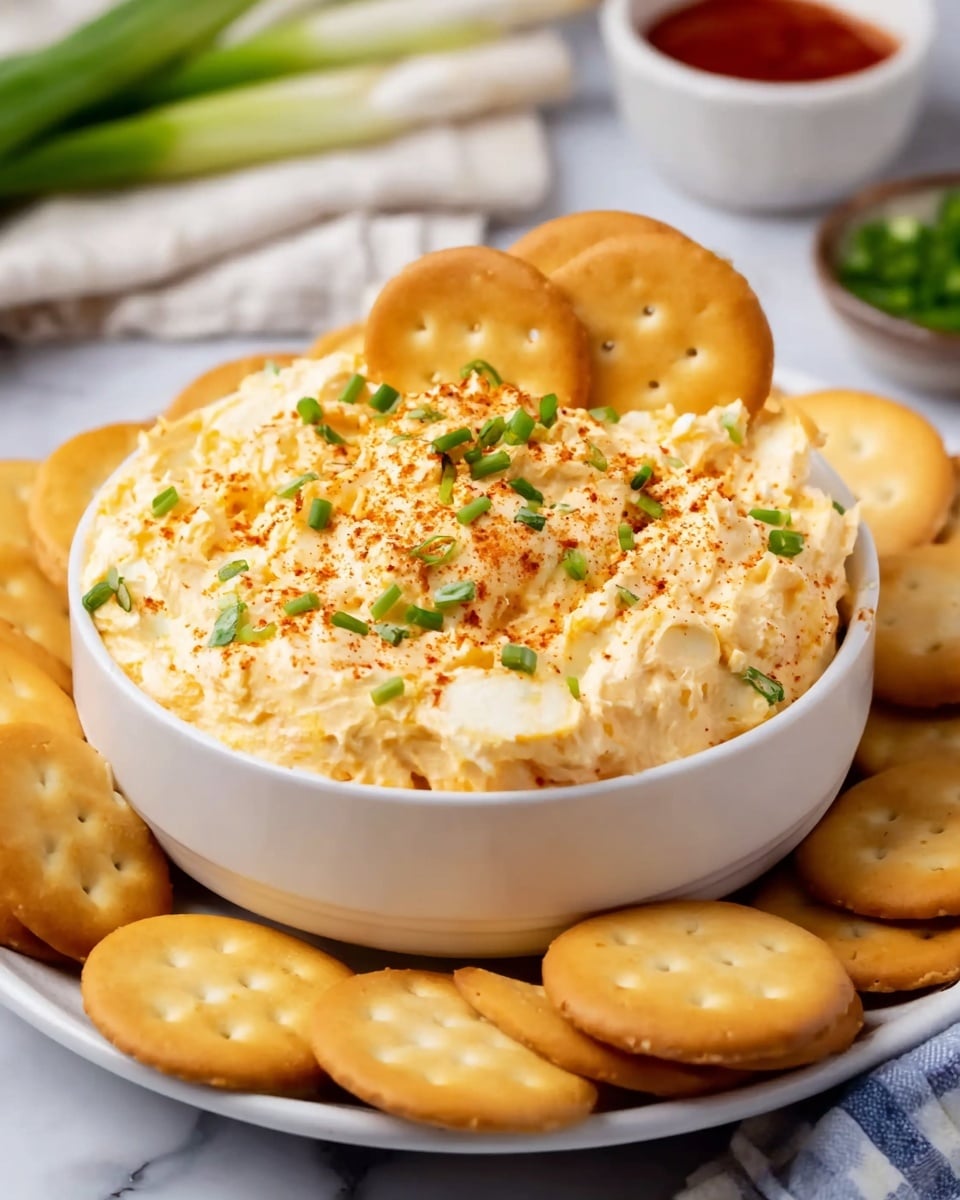 A white bowl sits in the center of a white plate, filled with a creamy, pale yellow cheese spread that has a soft, slightly chunky texture. The top of the spread is sprinkled with bright green chopped chives and a light dusting of reddish-brown paprika. Two round, light golden crackers are partially stuck into the spread near the center. Surrounding the bowl, more round, golden crackers with a slightly shiny surface are arranged on the white plate. The background features a white marbled surface with blurred elements of green onions, a small bowl of green herbs, a bowl of red sauce, and some kitchen cloths. Photo taken with an iphone --ar 4:5 --v 7
