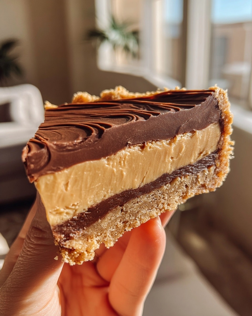 A slice of pie with three clear layers is shown on a white plate. The bottom layer is a crumbly, golden-brown crust that looks crunchy and thick. Above the crust is a creamy light brown layer with a smooth texture like peanut butter mousse. The top layer is a thick, glossy, dark brown chocolate ganache with a shiny, slightly wavy surface. The sides of the pie reveal the details of each layer, and some crumbs are scattered near the crust on the plate. The background is softly blurred with warm light. Photo taken with an iphone --ar 4:5 --v 7