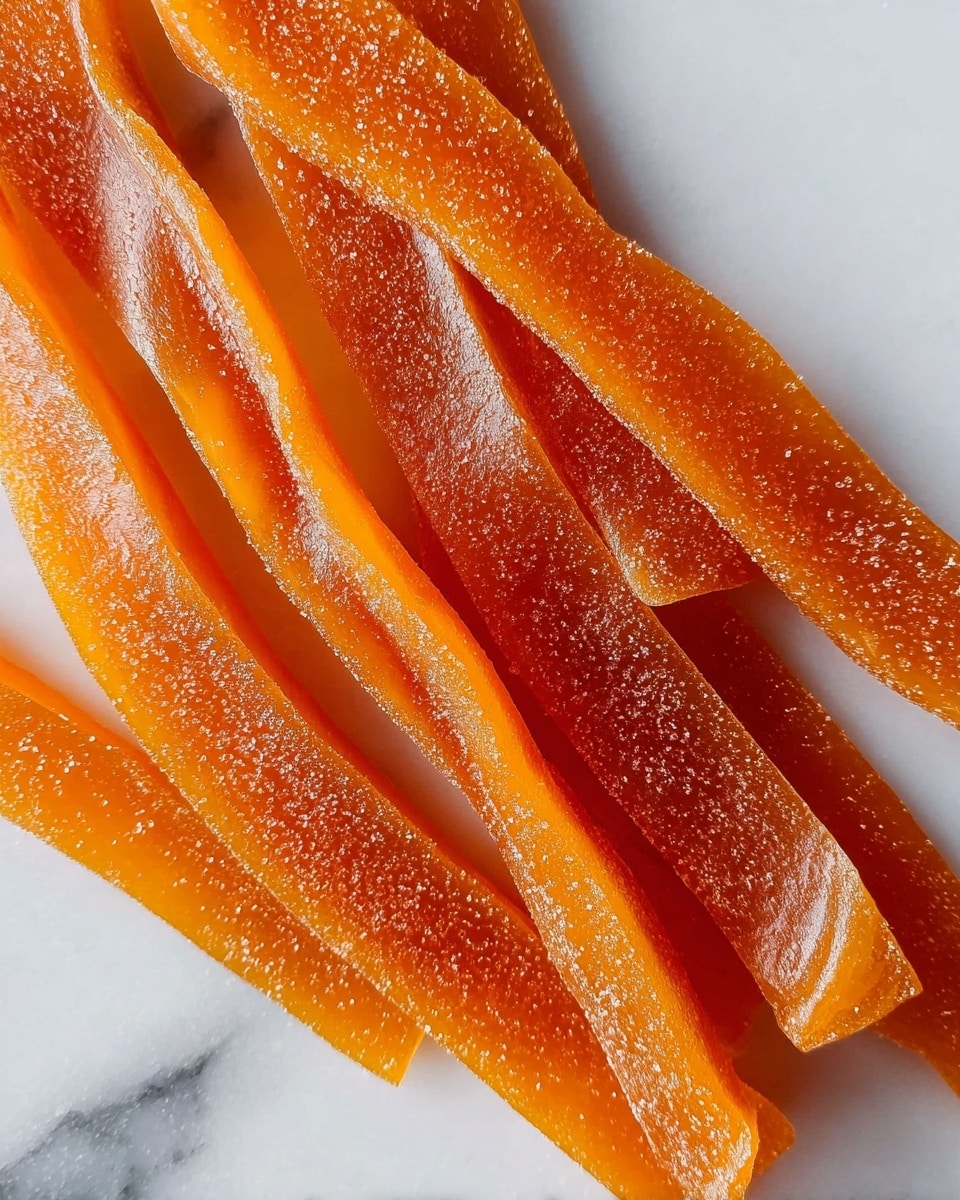 The image shows several long, thin strips of bright orange fruit leather laid out flat on a white marbled surface. Each strip has a smooth, slightly glossy texture dusted with a fine layer of sugar crystals that add a light sparkle. The fruit leather pieces are slightly twisted or uneven along the edges, giving a natural and handmade look to the snack. The close-up view highlights the fine sugar granules and the glossy, translucent quality of the orange fruit leather. photo taken with an iphone --ar 4:5 --v 7