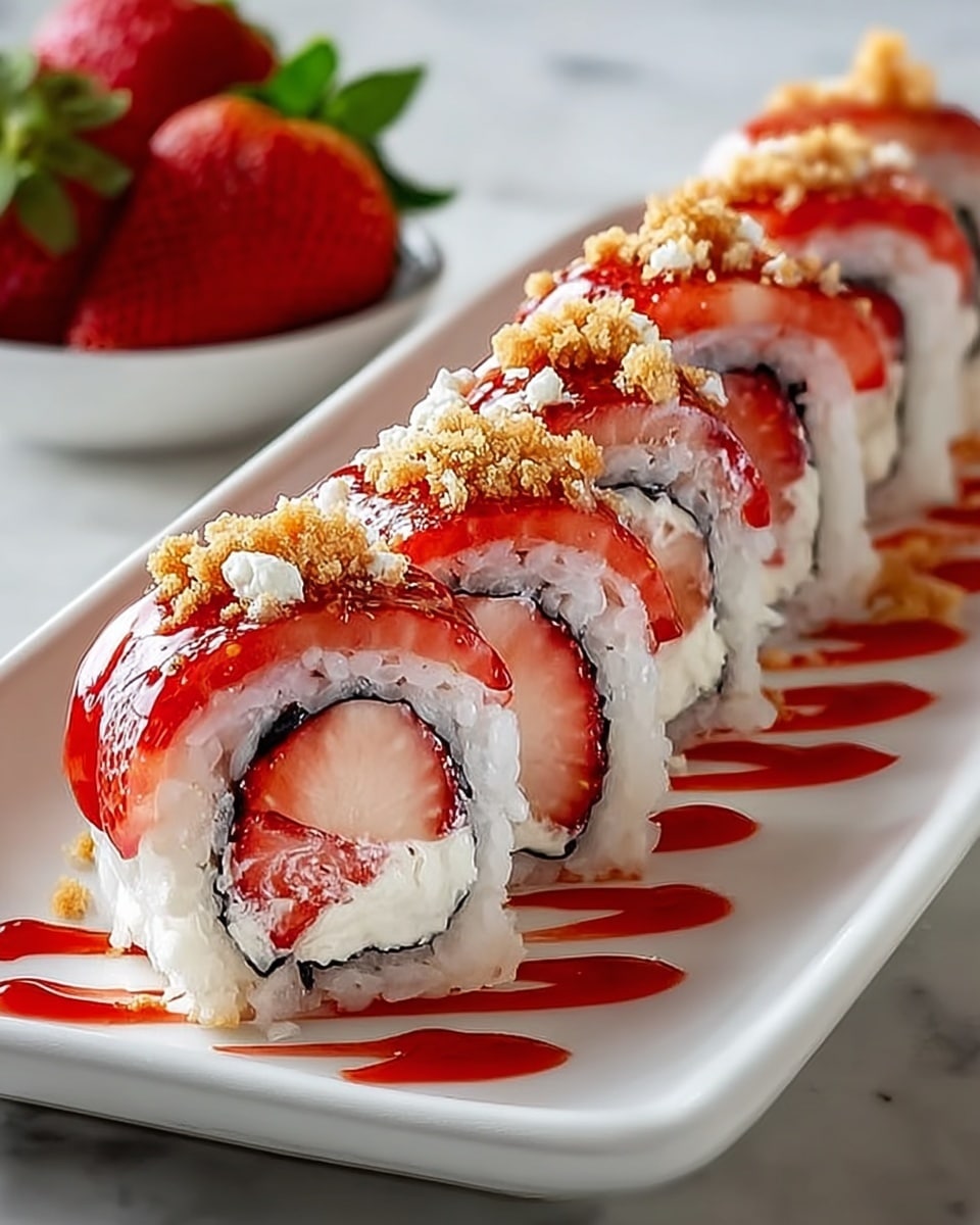 The image shows a row of sushi rolls, each cut into thick pieces, neatly arranged on a white rectangular plate. Each roll has three visible layers: a white rice outer layer, a thin black seaweed inner layer, and a filling of fresh red strawberry slices and white cream cheese. On top, there is a bright red sauce drizzled over the rolls with small golden crumb toppings scattered across, adding texture. At the back of the plate, whole strawberries with green leaves are lined up as garnish. The whole setting sits on a white marbled textured surface. photo taken with an iphone --ar 4:5 --v 7