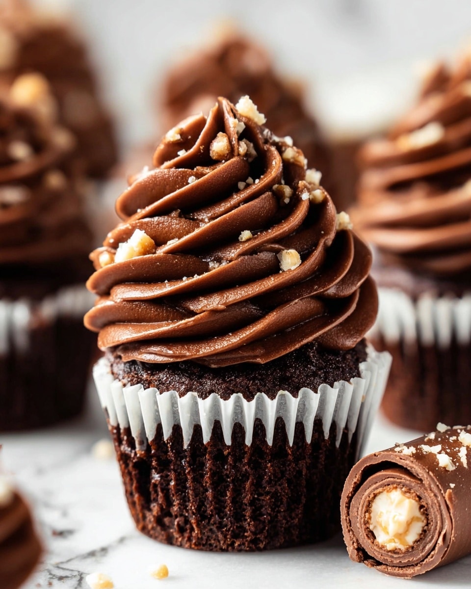 A close-up view of a chocolate cupcake with a dark brown base wrapped in white paper. The cupcake is topped with a thick, swirled layer of smooth, glossy chocolate frosting that forms multiple ruffled waves. Small bits of chopped nuts are sprinkled on top of the frosting. In the foreground, there is a rolled chocolate treat with a creamy filling, showing its opened layers. The background consists of more blurred chocolate cupcakes on a white marbled surface. photo taken with an iphone --ar 4:5 --v 7