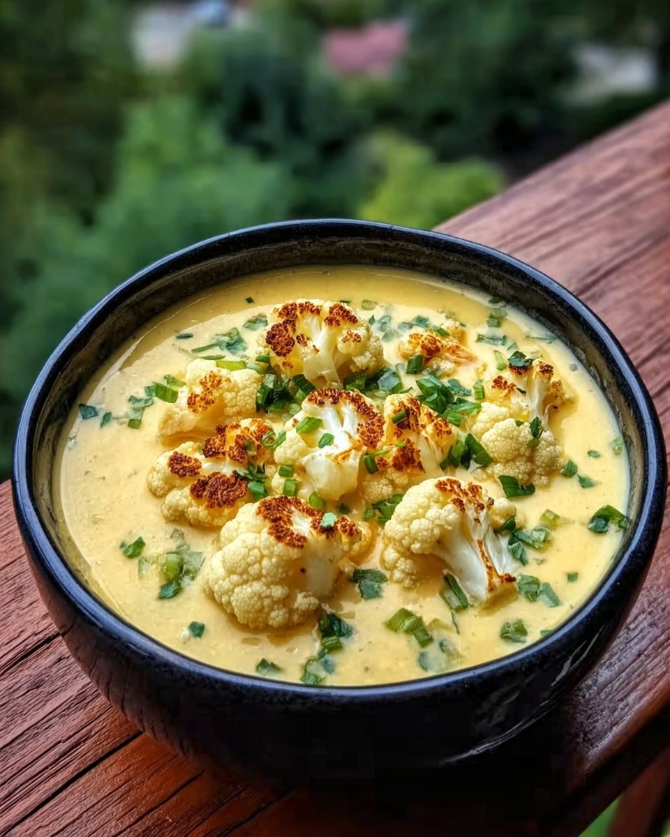 A black bowl filled with a creamy yellow soup topped with several whole white cauliflower florets, some of which have a light golden brown roasted color on top. Small green herb pieces are scattered over the soup, adding a touch of freshness. The bowl sits on a wooden surface outdoors with greenery blurred in the background. photo taken with an iphone --ar 4:5 --v 7