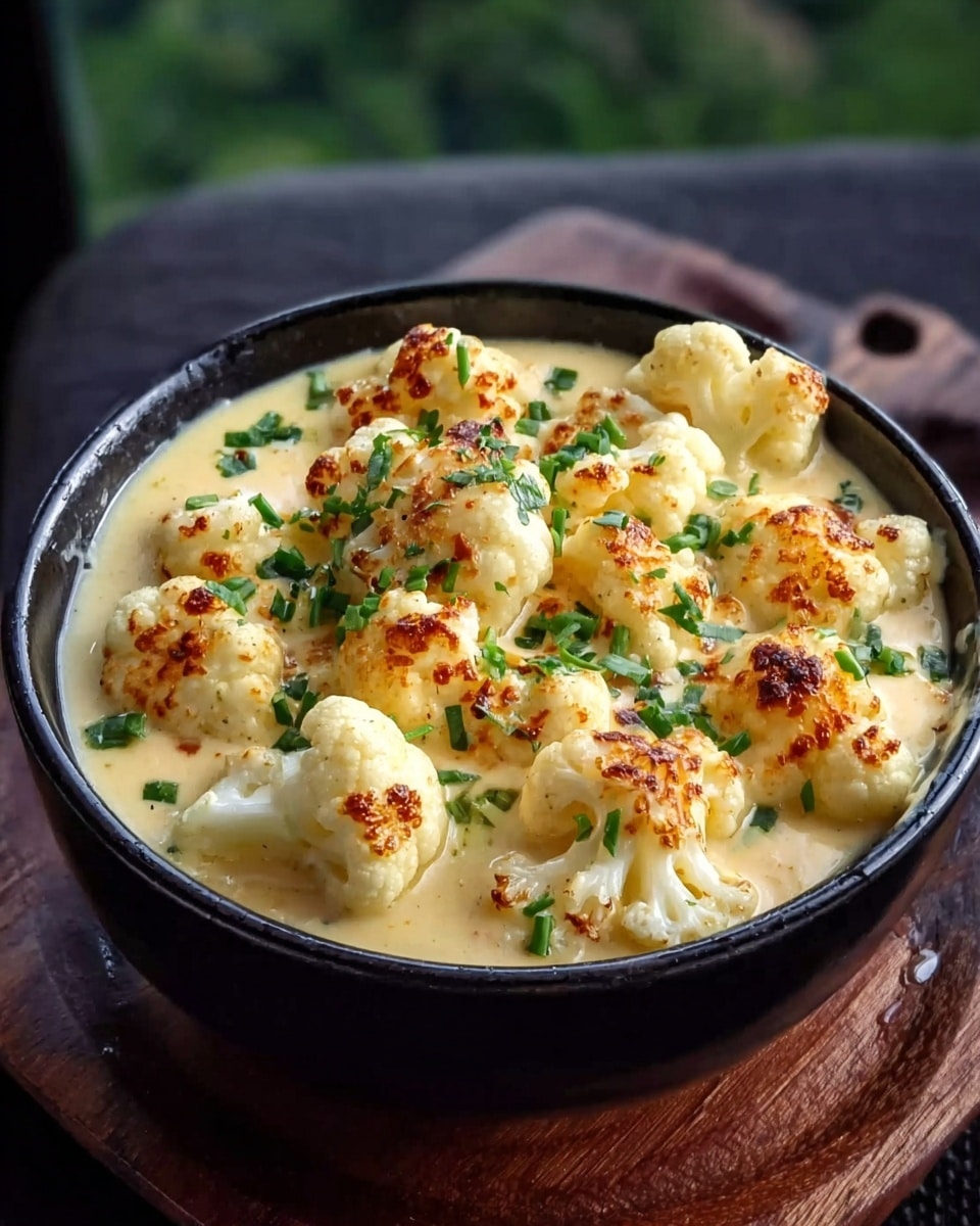 A black bowl filled with creamy, light yellow cheese sauce covers many white cauliflower florets, some browned on top. Small green herbs are sprinkled across the surface, adding a fresh touch. The bowl sits on a dark wooden board, with a blurred natural background behind it. photo taken with an iphone --ar 4:5 --v 7