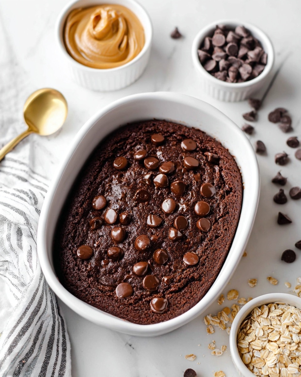 The image shows a white oval baking dish filled with a dark brown chocolate cake with a slightly cracked top and many shiny chocolate chips scattered on the surface. Around the dish, there are three small white bowls, one with creamy peanut butter, one with rolled oats, and one with chocolate chips. A gold spoon is partly visible on the left side, and there is a white cloth with gray stripes in the background on a white marbled surface. photo taken with an iphone --ar 4:5 --v 7