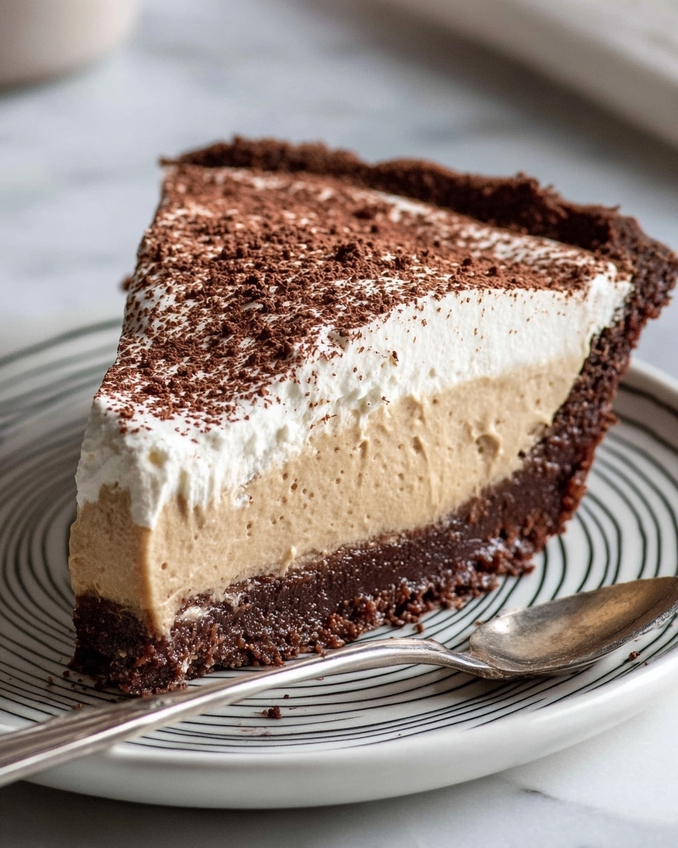 A close-up slice of pie sits on a white plate with black stripes near the edge, placed on a white marbled surface. The pie has three layers: a dark brown, thick, crumbly crust forming the base and sides; a smooth, light brown creamy filling in the middle; and a fluffy white whipped topping dusted evenly with cocoa powder covering the top. A silver spoon rests angled next to the slice on the plate. Photo taken with an iphone --ar 4:5 --v 7