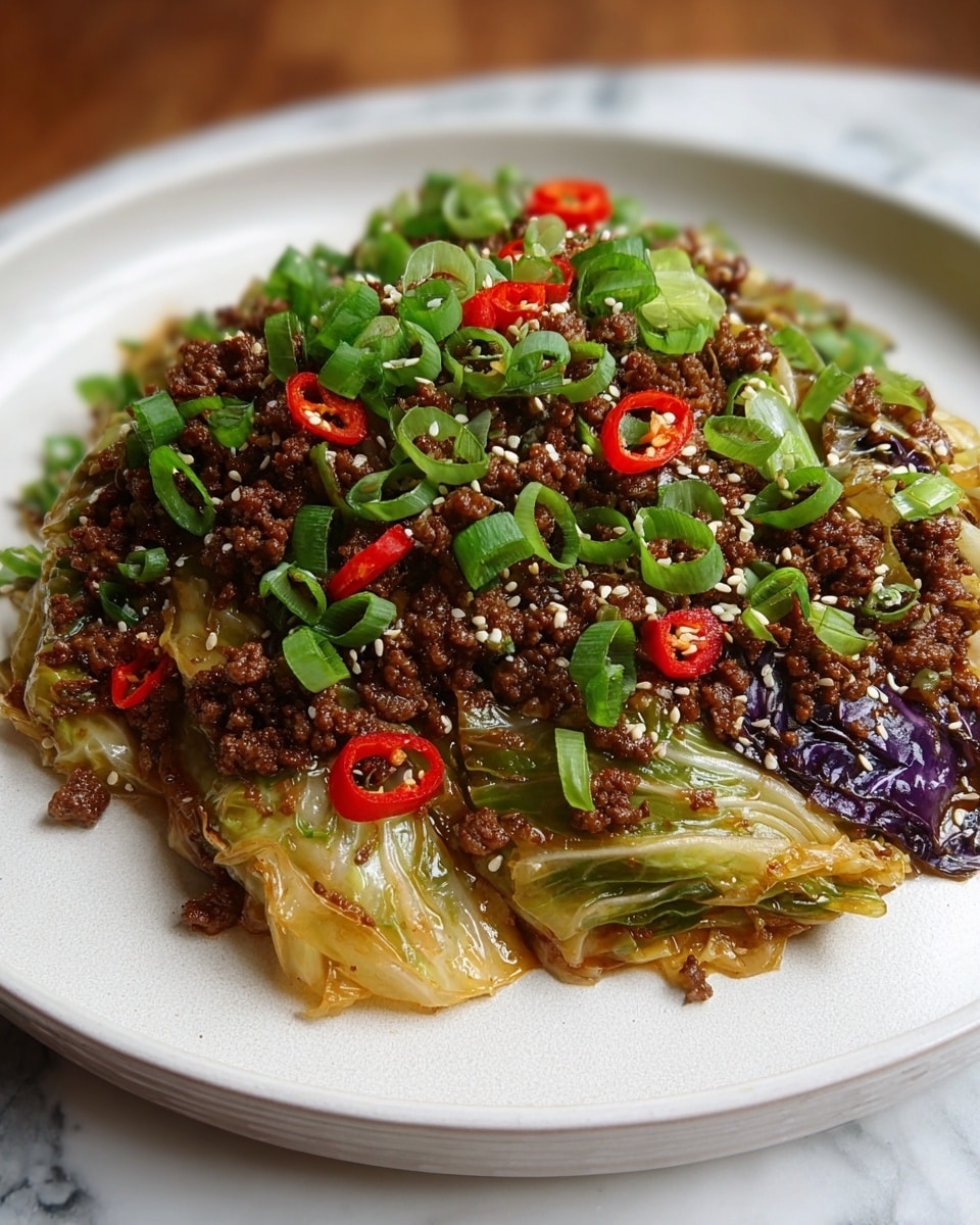 A dish with two main layers fills a white plate on a white marbled table. The bottom layer is made of cooked cabbage leaves that are shiny and light golden with some purple pieces mixed in. On top of the cabbage, there is a thick layer of dark brown cooked ground meat. The whole dish is sprinkled with bright green chopped spring onions, small red chili slices, and white sesame seeds, adding a fresh and colorful touch to the mix. The photo taken with an iphone --ar 4:5 --v 7