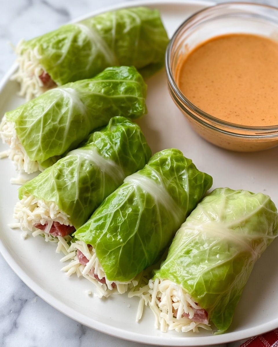 The image shows five fresh cabbage rolls arranged on a white plate with a white marbled surface underneath. Each roll has three layers: the outermost layer is a bright green cabbage leaf with a slightly glossy texture, inside which there is a layer of thinly shredded white cheese, and the innermost layer is a pink meat filling visible at the ends. To the right side of the plate, there is a clear glass bowl filled with a smooth, creamy orange sauce. The rolls are placed neatly close to each other with some of the shredded cheese peeking out from each roll’s end. Photo taken with an iphone --ar 4:5 --v 7