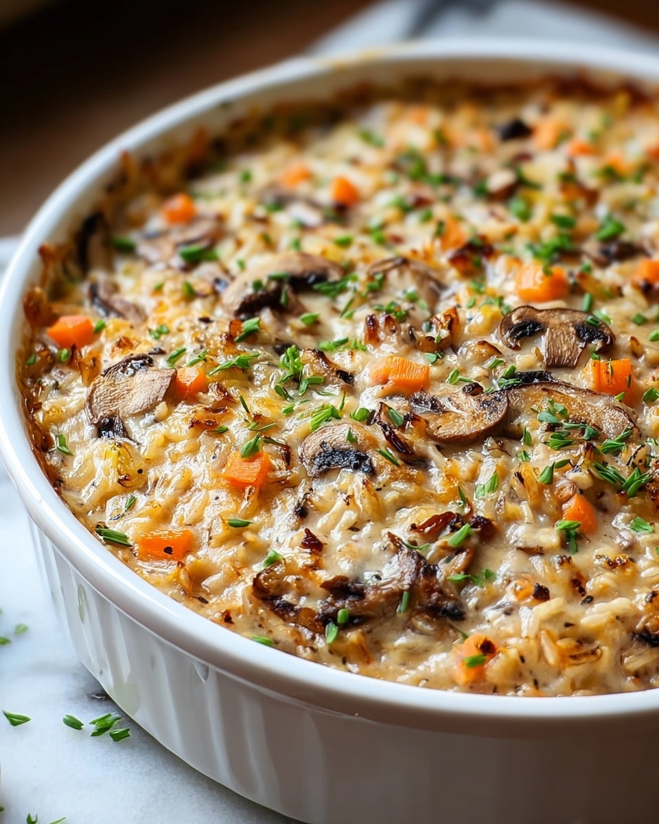 A close-up view of a white round ceramic dish filled with a creamy mixed rice casserole. The dish contains multiple layers of creamy beige rice with browned edges, visible slices of light brown mushrooms, bright orange carrot pieces, and small bits of green herbs sprinkled on top. The casserole looks rich and slightly browned in some spots, giving a textured surface, while the fresh green herbs add a pop of color. The dish is placed on a white marbled surface. photo taken with an iphone --ar 4:5 --v 7