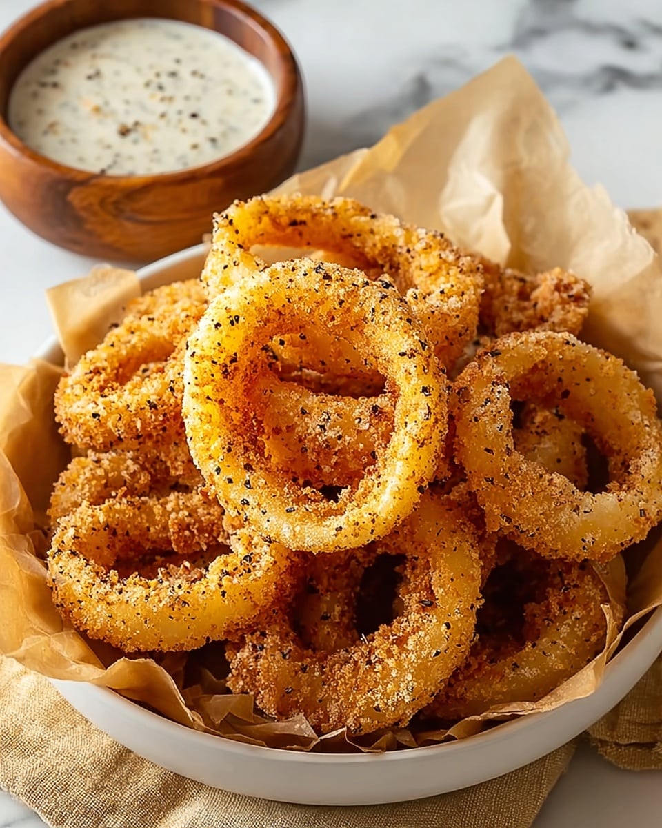 A white bowl lined with brown parchment paper holds a pile of golden brown fried onion rings, each coated with crispy breading and sprinkled with black pepper and seasoning specks. The rings vary in size and are stacked loosely with some overlapping. Behind the pile, there is a small wooden bowl filled with creamy white dipping sauce speckled with visible black pepper. The background is a white marbled surface with a beige cloth partially visible under the wooden bowl. photo taken with an iphone --ar 4:5 --v 7