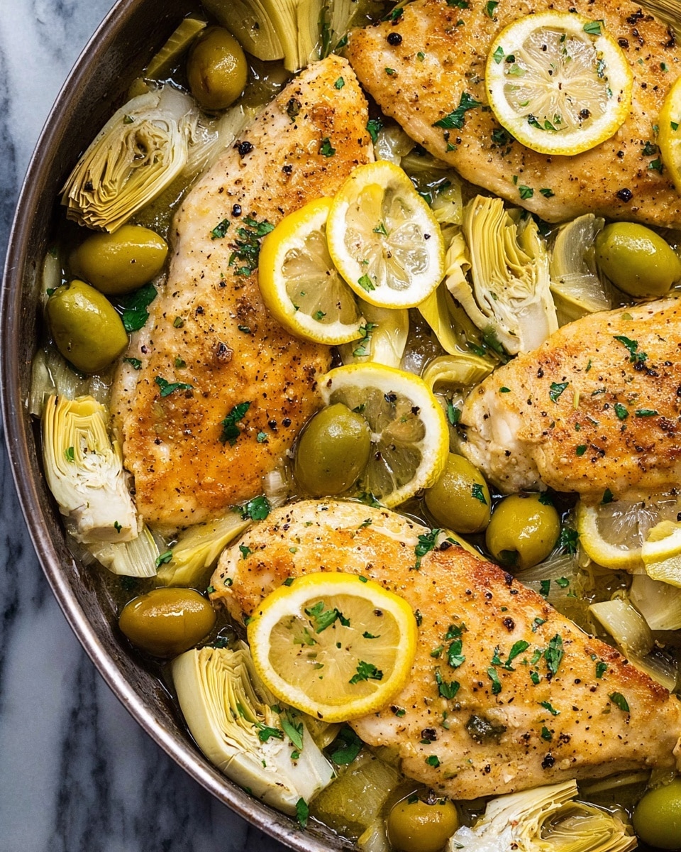 Three golden brown cooked chicken breasts with a crispy texture lay in a black pan surrounded by pale yellow artichoke hearts and green olives, some whole and some sliced. Bright yellow lemon wedges are placed on and around the chicken, adding fresh color. The dish is sprinkled with finely chopped green herbs and ground black pepper, with a glossy sheen of oil on the ingredients. The pan rests on a white marbled surface. photo taken with an iphone --ar 4:5 --v 7