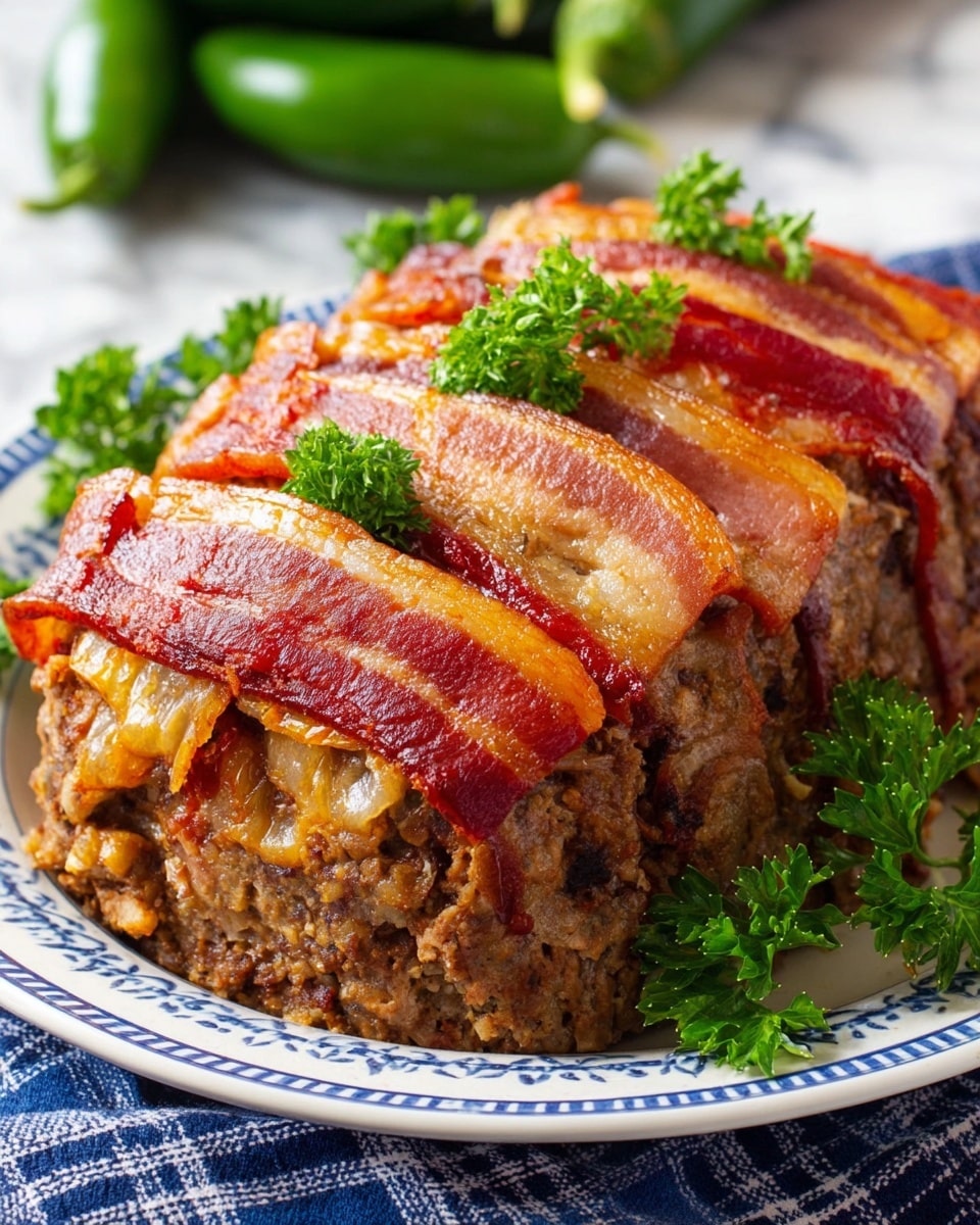 A thick meatloaf sits on a white plate with blue patterns, topped with several overlapping strips of cooked bacon that are golden brown and slightly crispy, showing some shiny, oily texture. Below the bacon, a thin layer of red sauce peeks through, adding a bright contrast to the darker browned meat. The meatloaf itself is textured and chunky with visible bits of seasoning and ingredients. Fresh green parsley sprigs are placed around the meatloaf, giving a fresh touch. The plate rests on a blue and white checkered fabric, with green jalapeños slightly blurred in the background on a white marbled surface. Photo taken with an iphone --ar 4:5 --v 7