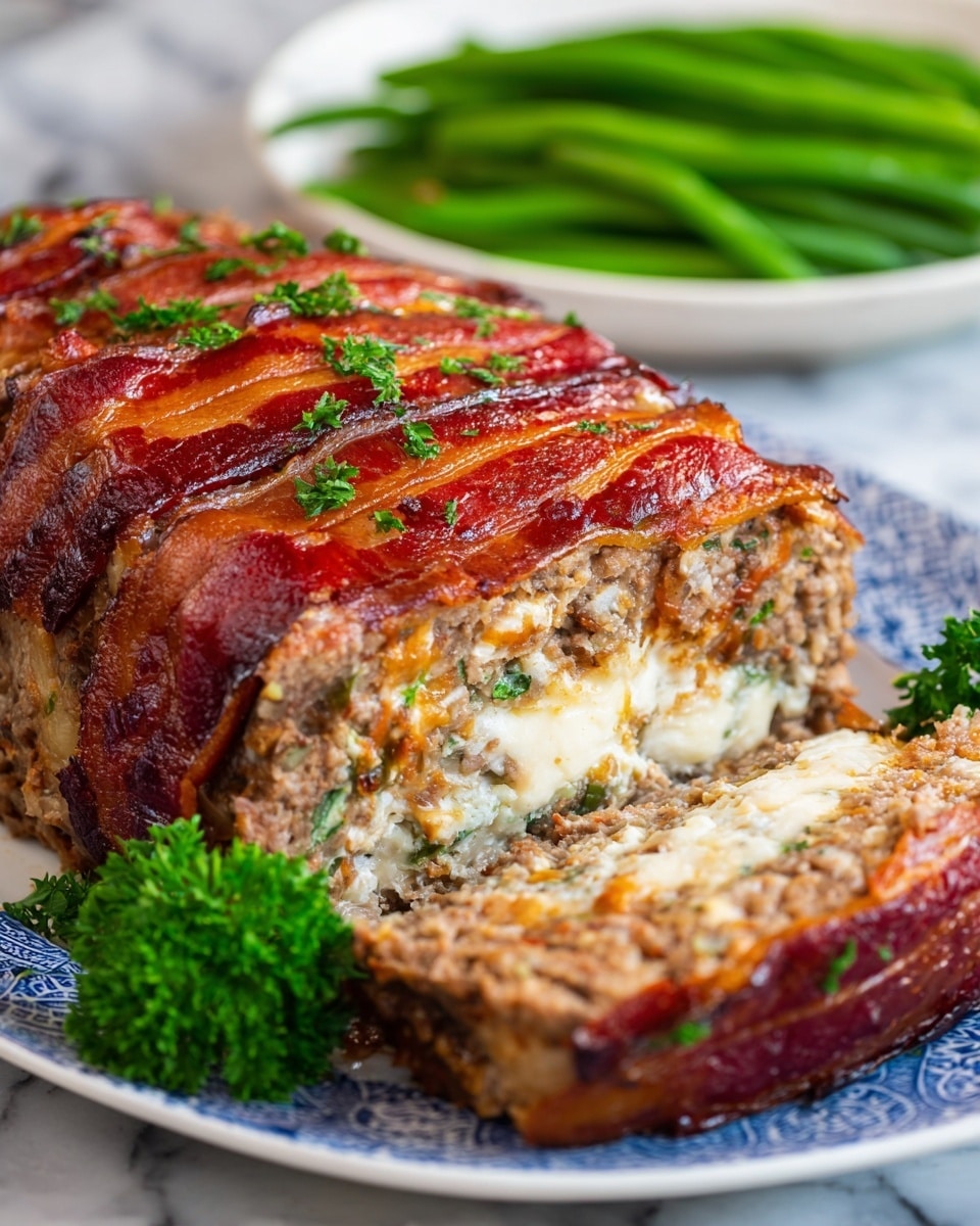 The image shows a thick meatloaf covered with crispy, brown bacon strips on top, arranged in neat layers. Inside the meatloaf, there is a creamy white cheese layer mixed with green and orange bits, clearly visible because a slice was cut out and placed in front. The meatloaf looks juicy and browned outside, with a soft texture inside, resting on a white plate with blue patterns. There is some green garnish, likely parsley, placed beside the meatloaf, and in the background is a white bowl filled with green beans on a white marbled surface. photo taken with an iphone --ar 4:5 --v 7