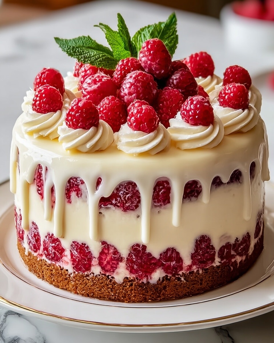 A round, multi-layered cake sits on a white plate with a gold edge, placed on a white marbled surface. The bottom layer is a dark brown cake base, topped with a thick, creamy white layer that forms most of the cake's body. Around the middle of this creamy layer, there is a band of red raspberries pressed into the cream, adding a vibrant color contrast. Above the cream and raspberry middle, white glaze drips down the sides, slightly covering the raspberries. The top of the cake is decorated with swirls of white cream, with several fresh raspberries placed on top and around the cream swirls. One raspberry with green leaves sits as a small centerpiece. photo taken with an iphone --ar 4:5 --v 7