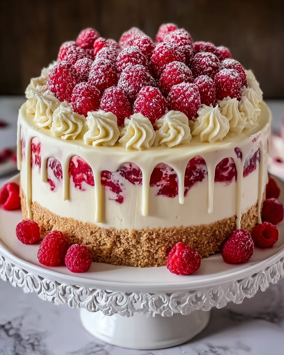 The image shows a round cake with four main layers on a white decorative cake stand. The bottom layer is a light brown crumbly crust, followed by a thick, smooth white cream layer. Above the cream layer is a layer filled with whole bright red raspberries, partially covered by a thin layer of white cream with white drip icing flowing down the sides. The top of the cake features piped white cream swirls forming a ring, filled with piled fresh raspberries dusted lightly with powdered sugar. Around the base of the cake, whole raspberries are placed evenly. The background and surface underneath the cake have a white marbled texture. photo taken with an iphone --ar 4:5 --v 7