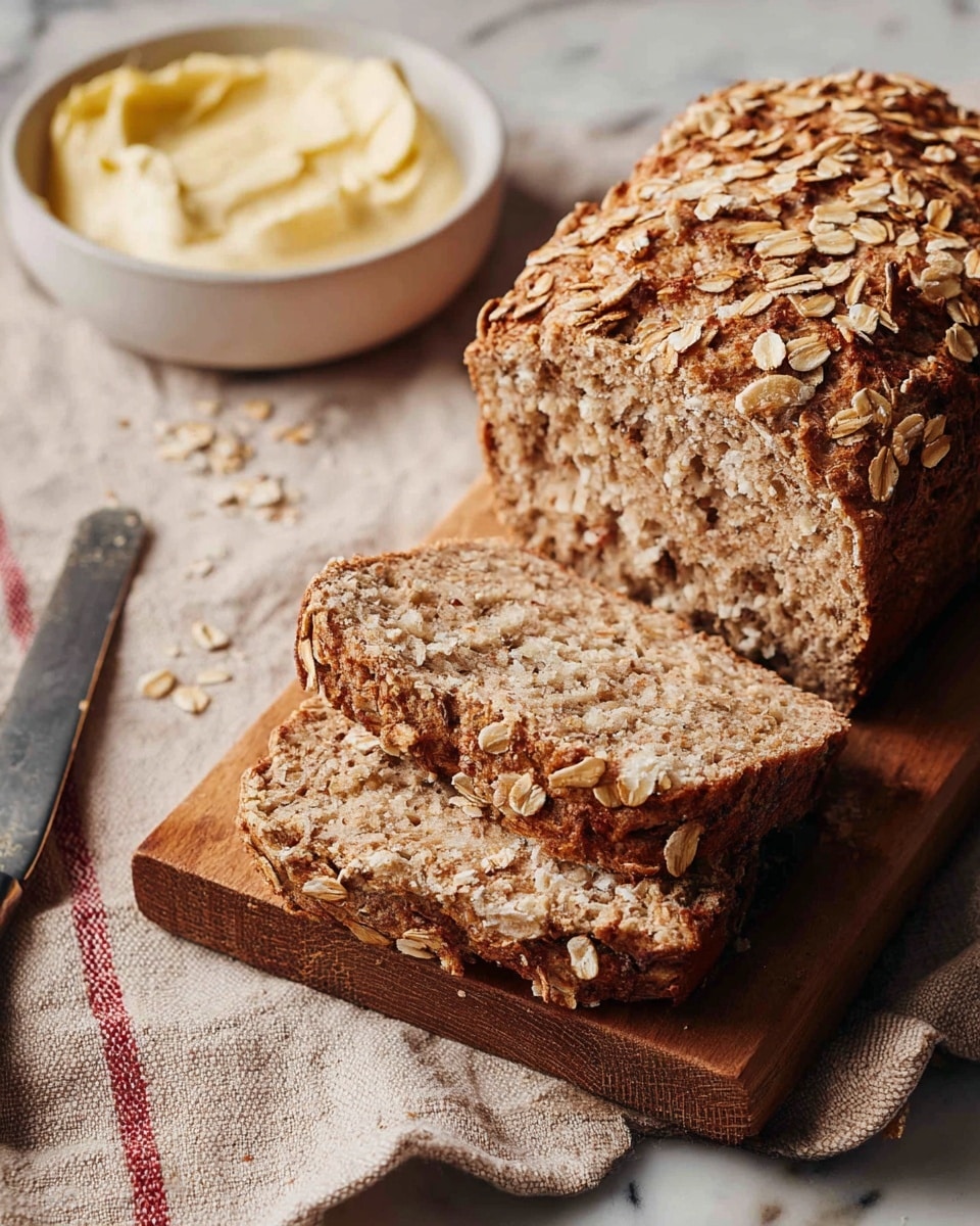 A loaf of oat-topped bread is placed on a wooden cutting board over a white marbled surface with a beige cloth that has red stripes. The bread has a rough, textured brown crust covered with oat flakes, and three slices are cut from the loaf, showing a soft, dense beige interior with specks of oats or grains. In the foreground, there is a white bowl filled with creamy butter and a silver knife resting beside it. Photo taken with an iphone --ar 4:5 --v 7