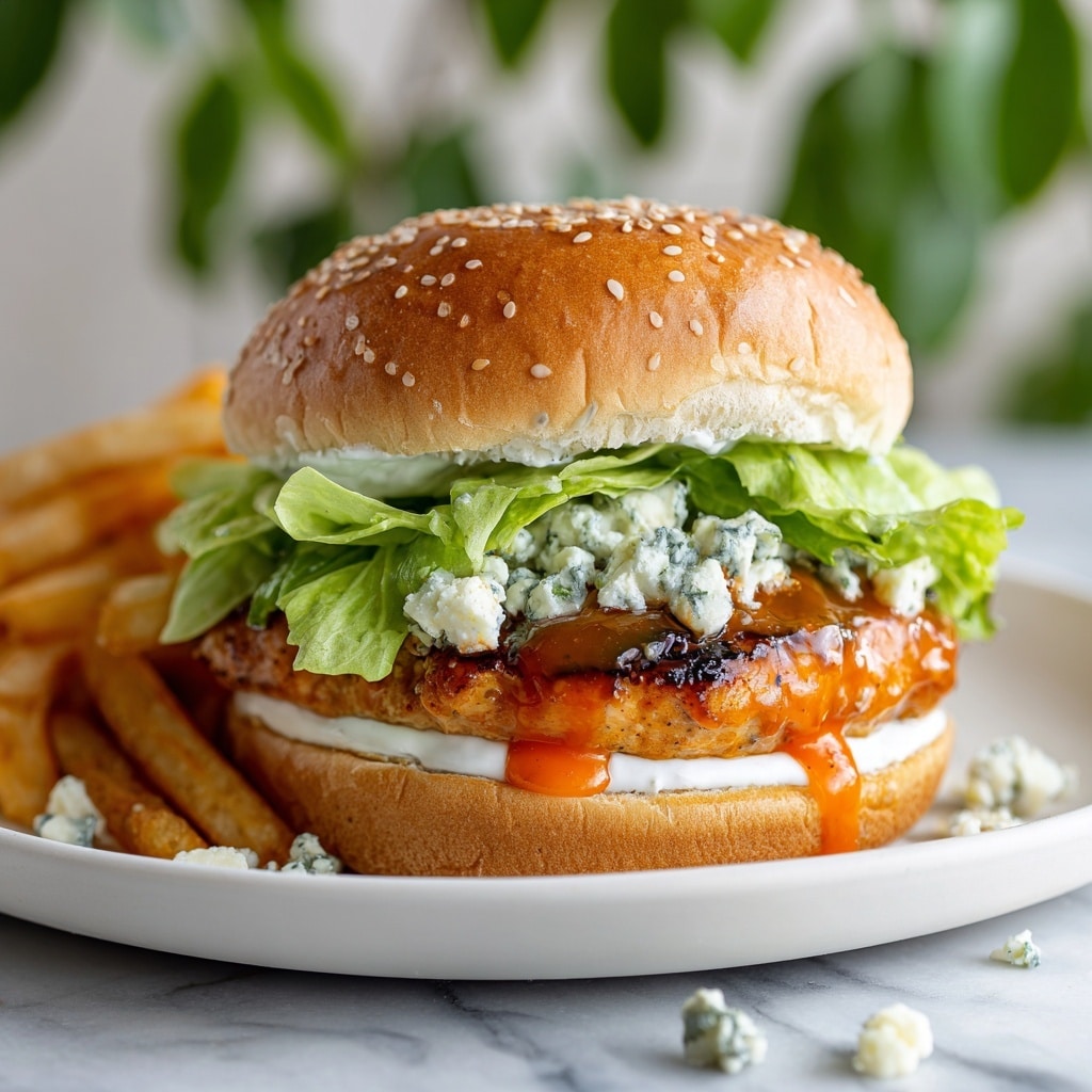 A close-up of a sandwich on a white sesame seed bun with five visible layers: at the bottom, crisp green lettuce leaves with a fresh texture; above, a golden-brown grilled chicken patty with slightly charred edges; next, bright orange buffalo sauce dripping down the sides; then a layer of crumbled blue cheese with a creamy white and blue-gray pattern; topped with a light white creamy sauce under the top bun. The sandwich is on a white plate with a few crispy golden French fries beside it, all set on a white marbled surface with some scattered blue cheese crumbles in front. The background shows a blurred green leafy plant. photo taken with an iphone --ar 4:5 --v 7