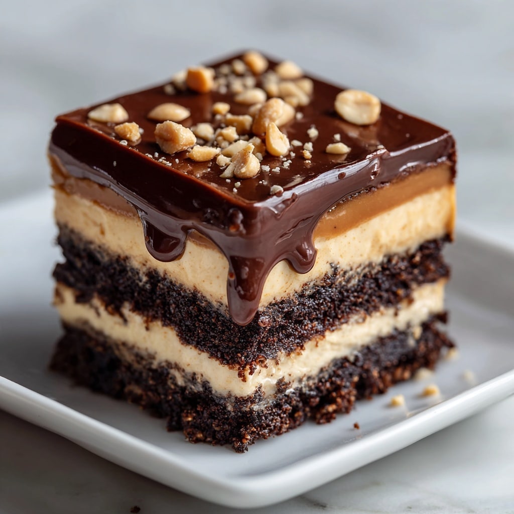 A close-up of a rich dessert with four visible layers is shown on a stack of three white square plates on a white marbled surface. The bottom layer is dark, crumbly chocolate cake with a rough texture. Above it, a smooth, slightly melted creamy layer mixes light beige and dark chocolate colors, with some peanuts embedded in the sides. The third layer is a shiny, thick chocolate glaze that covers the top, with a few peanuts partly visible under the glaze. The dessert looks moist with chocolate sauce melting slightly on the edges. Photo taken with an iphone --ar 4:5 --v 7