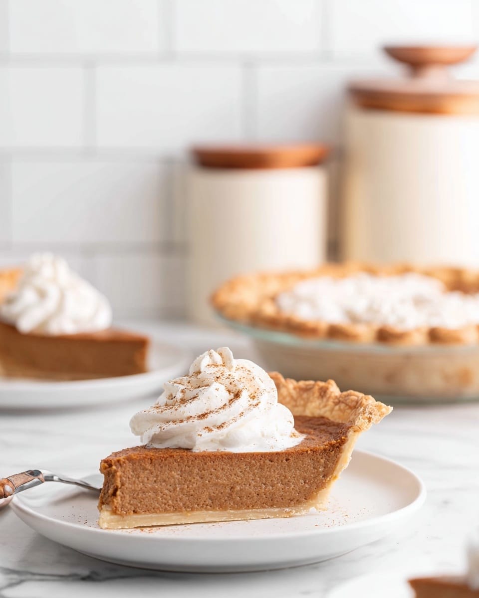 A baked pie with one visible layer, showing a light golden brown crust with a wavy edge surrounding a slightly cracked and darker brown filling that looks smooth and firm in the center, all placed inside a white pie dish on a white marbled surface. Photo taken with an iphone --ar 4:5 --v 7