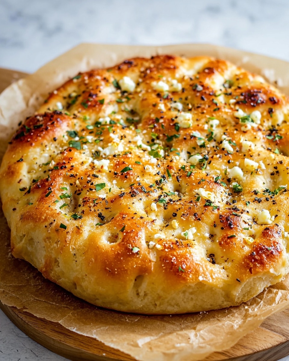 A round focaccia bread with a golden-brown, bubbly crust sits on light brown parchment paper over a wooden board. The bread has a soft, puffy texture with uneven air pockets across the top. It is sprinkled with small bits of white cheese, fresh green herbs, and black cracked pepper, adding specks of color and texture contrast to the warm, toasted surface. The bread edges are thick and light golden, showing a fluffy crumb inside. The background features a white marbled texture. photo taken with an iphone --ar 4:5 --v 7