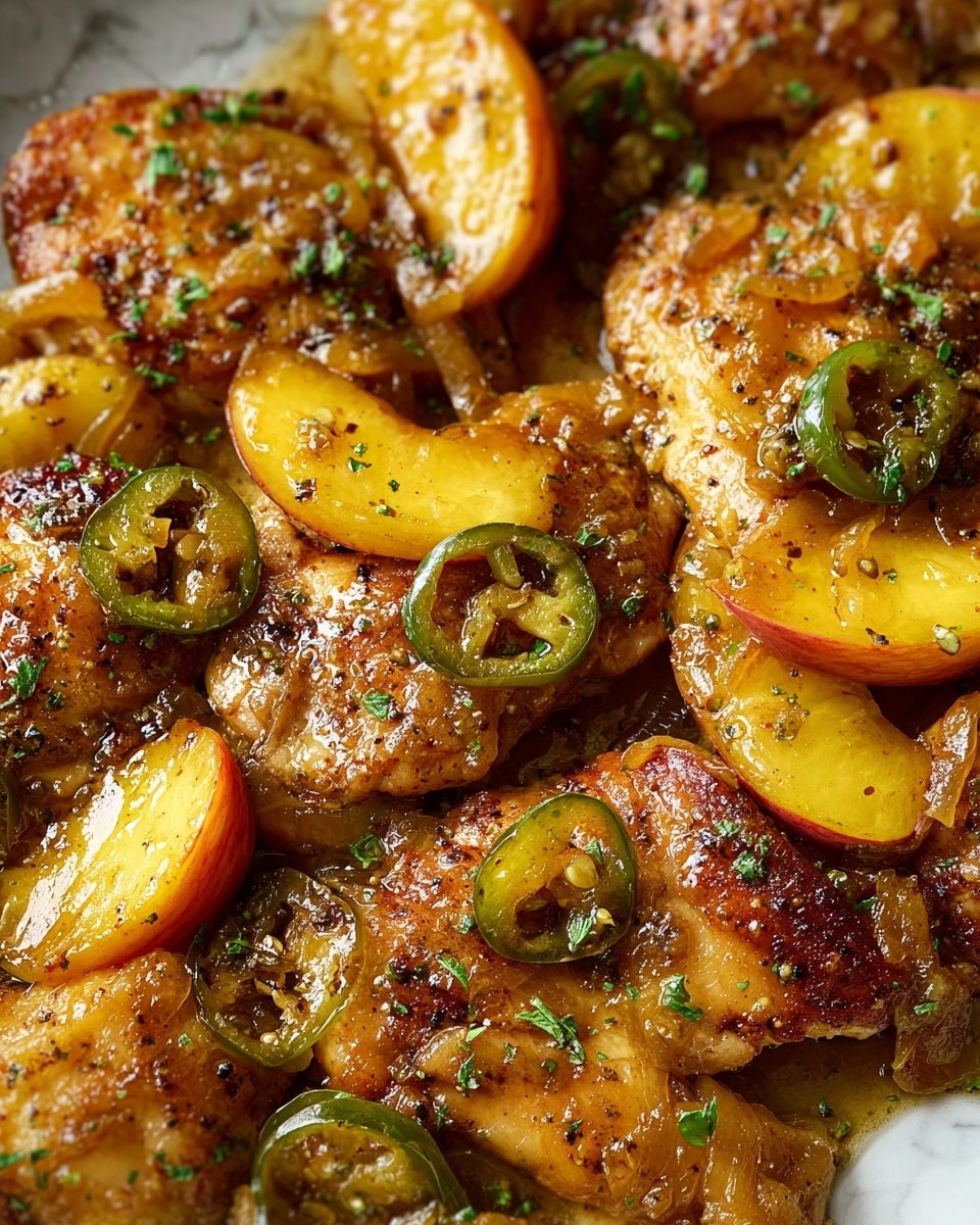 The image shows multiple pieces of golden brown chicken cooked with slices of yellow peaches and thin green jalapeño rings. The chicken pieces are layered with juicy, shiny sauce covering them, giving a moist and glossy look. Small green herb bits are sprinkled on top, adding color contrast. The chicken has a slightly crispy texture with visible seasoning. The dish is viewed close-up on a white marbled surface, highlighting the vibrant mix of warm colors and textures. Photo taken with an iphone --ar 4:5 --v 7