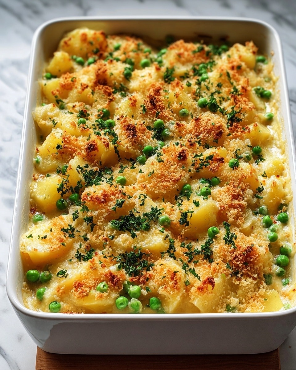 A white baking dish filled with a layered potato casserole sits on a white marbled texture. The top layer shows chunks of soft, creamy yellow potatoes lightly browned with crispy, golden breadcrumbs sprinkled evenly. Bright green peas are scattered across the surface, adding spots of color among the melted cheese and breadcrumbs. Small bits of fresh chopped herbs are also spread over the casserole, enhancing the texture and color contrast. The overall look is warm and inviting with a mix of creamy, crispy, and fresh green elements. photo taken with an iphone --ar 4:5 --v 7