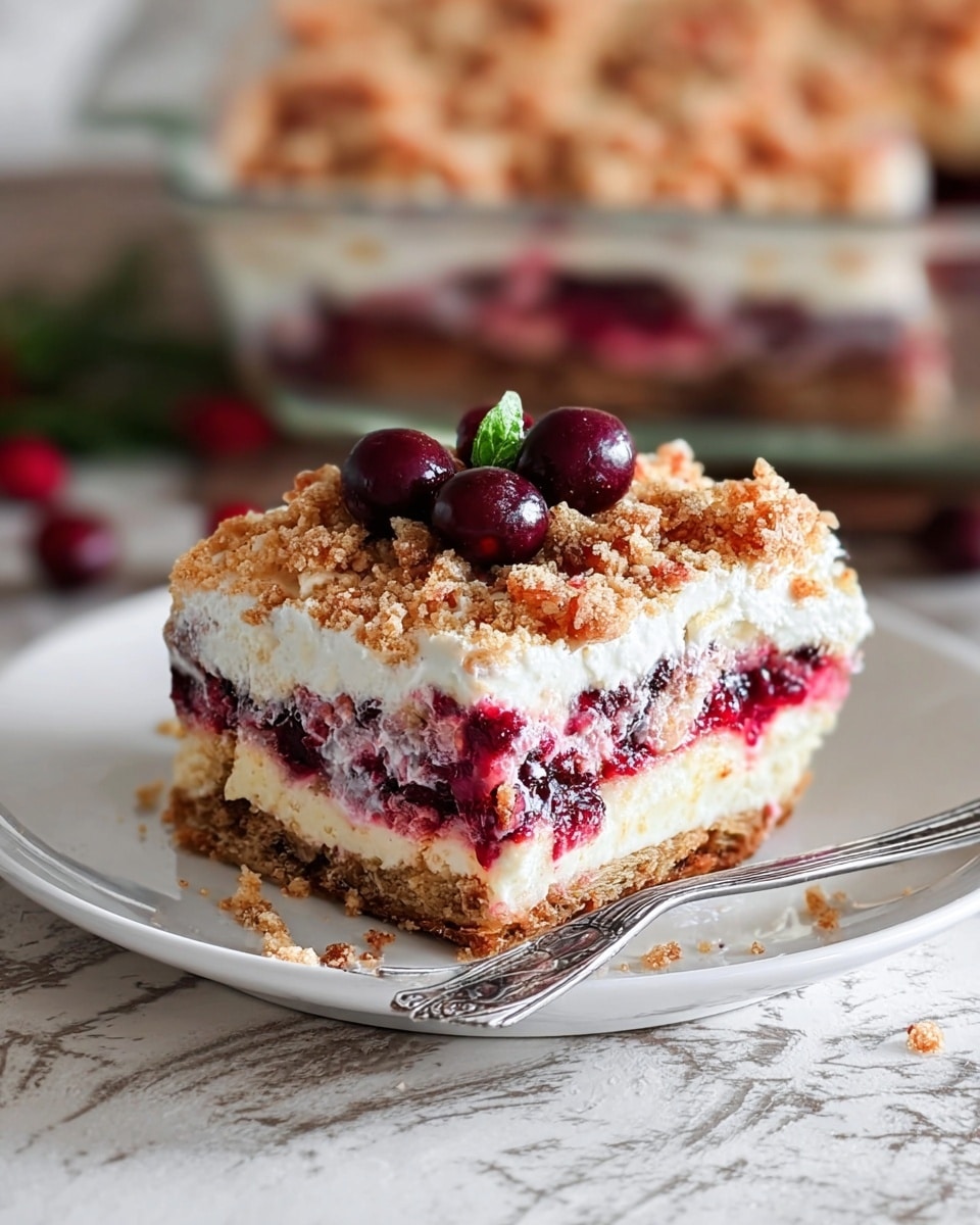 A square slice of dessert is placed on a white plate, showing four visible layers: the bottom layer is a brown crumbly crust, followed by a light cream layer, then a mixed red and purple berry filling with a soft texture, topped with a thick white creamy layer covered by crushed brown nuts and crumb topping. On top of the dessert, three small dark red berries and a tiny green leaf are placed as decoration. A silver fork lies on the right side of the plate. In the background, the edge of a glass dish with more of the dessert is visible, and the surface beneath the plate is a white marbled texture. Photo taken with an iphone --ar 4:5 --v 7