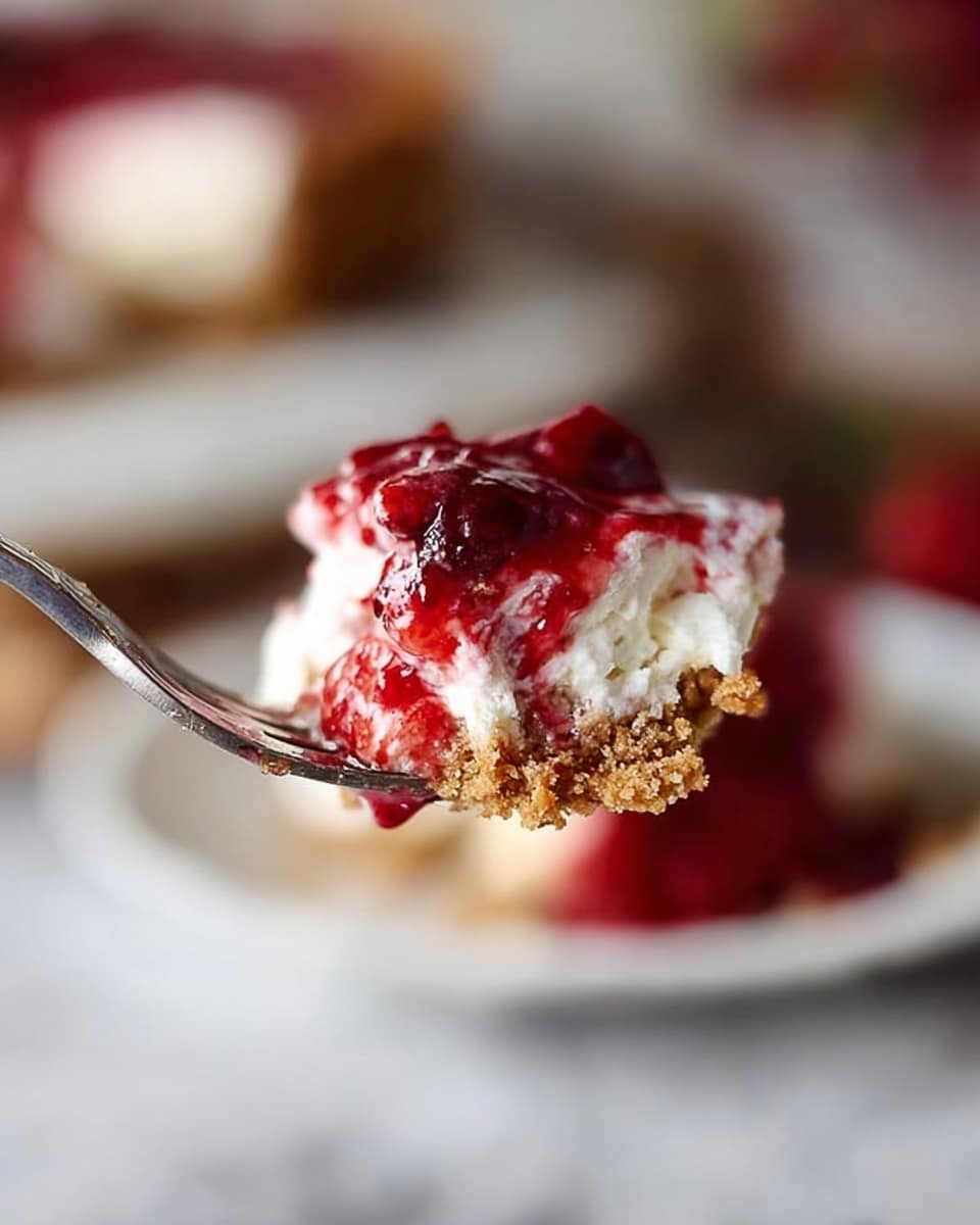 The image shows a close-up of a fork holding a small bite of a dessert with three layers. The bottom layer is a crumbly, golden brown crust with a rough texture. Above that is a thick, creamy white layer with a smooth texture. The top layer is a bright red berry sauce with visible fruit pieces and a glossy finish, slightly dripping. In the background, there is a white plate with more dessert, placed on a white marbled surface, softly blurred to keep focus on the fork. Photo taken with an iphone --ar 4:5 --v 7