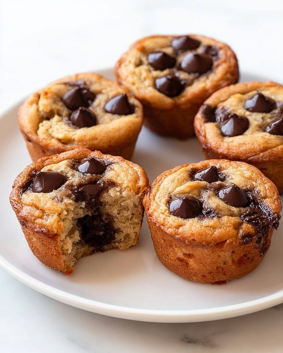 A white plate holds five small muffins with a golden-brown crust, each topped with a few glossy, dark chocolate chips. The muffins have a soft, slightly puffy texture with visible cracks on the surface. One muffin in the front has a bite taken out, revealing a moist and dense interior filled with melted dark chocolate chunks. The overall look is warm and inviting, set on a white marbled surface. photo taken with an iphone --ar 4:5 --v 7