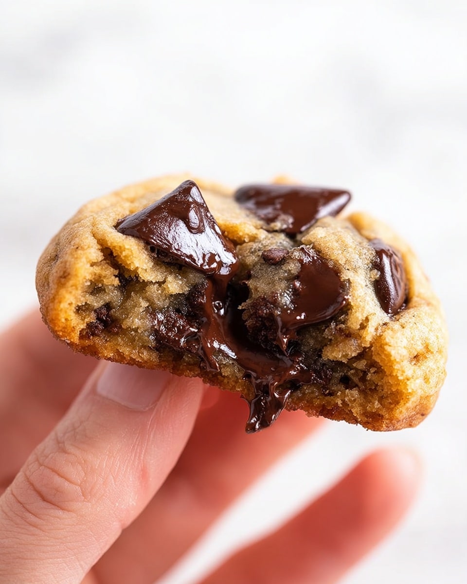 A close-up of a gooey chocolate chip cookie being held between a woman's thumb and fingers. The cookie is golden brown with a soft, slightly crumbly texture. The top layer shows semi-melted dark chocolate chips with a shiny, smooth surface. The inside layer is moist and filled with melted dark chocolate chunks that appear rich and creamy. The background is a soft white marbled texture. Photo taken with an iphone --ar 4:5 --v 7