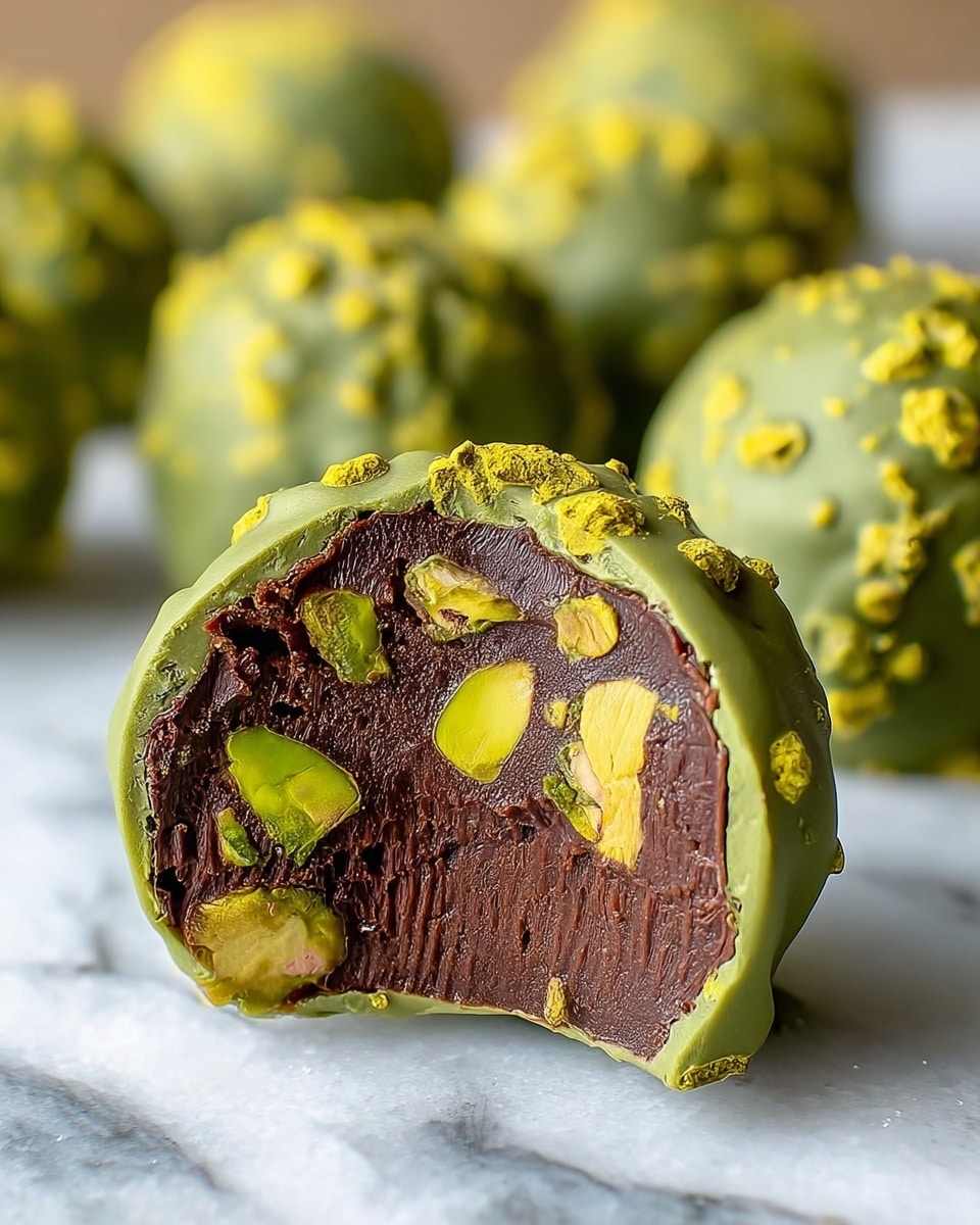 The image shows a close-up of a round chocolate truffle with a green outer coating that has a bumpy texture and yellow bits stuck on it. The truffle is cut in half, revealing a rich, dark brown, smooth chocolate inside with pieces of bright green pistachio nuts embedded throughout the center. In the background, there are several whole truffles with the same green coating on a white marbled surface. photo taken with an iphone --ar 4:5 --v 7