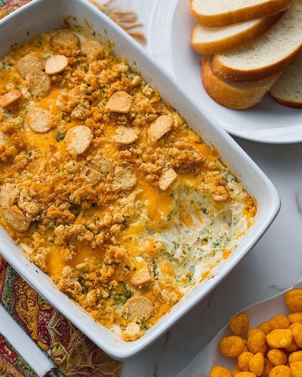 A white baking dish filled with a creamy layered casserole, with the bottom layer showing hints of green from herbs or vegetables mixed in a soft white sauce, topped with melted golden cheddar cheese and broken crunchy beige cracker pieces scattered over the surface. The dish is placed on a white marbled texture with a white plate beside it holding stacked slices of light brown crusty bread. Another white plate partially visible holds golden-yellow fried corn snacks. Photo taken with an iphone --ar 4:5 --v 7