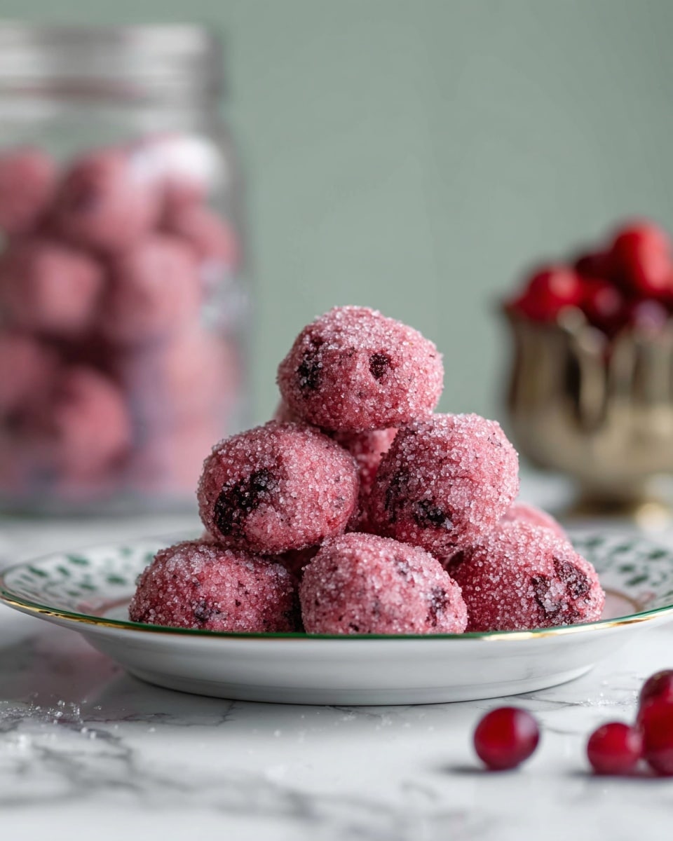 The image shows a stack of small, round, pink sugar-coated cookies piled on a white plate with a green rim. Each cookie has a rough texture with visible sugar crystals sparkling on the surface and dark bits inside, suggesting berries or chocolate pieces. The cookies are arranged in a pyramid shape with some sugar granules scattered around them on the plate. In the blurred background, a clear glass jar filled with more pink cookies and a metallic container with red berries are visible. The scene is set on a white marbled surface with a few red berries lying in front. photo taken with an iphone --ar 4:5 --v 7