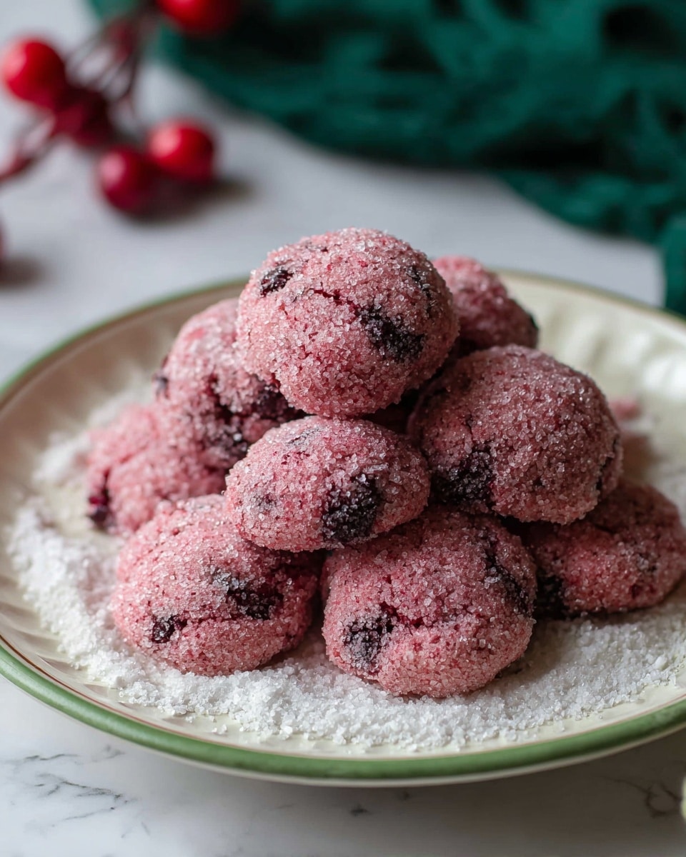 A pile of round, pinkish-red cookies covered in coarse white sugar crystals sits on a white plate with a thin green rim. The cookies have a slightly rough texture with visible dark spots inside, stacked in a mound at the center of the plate. Around the base of the cookies, there is a layer of loose white sugar granules spread evenly. The plate rests on a white marbled surface, and in the background, out of focus, are two small red berries and a dark green cloth. photo taken with an iphone --ar 4:5 --v 7