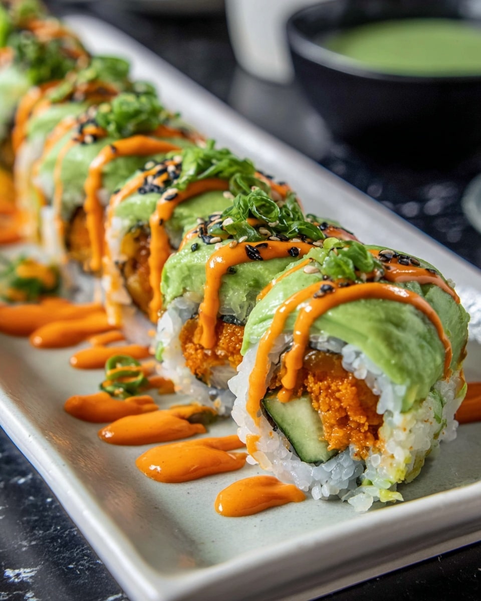 The image shows a close-up of a sushi roll sliced into several pieces, arranged in a line on a long white plate. Each piece of sushi has an inner layer of white rice, surrounding a crispy orange filling with green cucumber inside. On top, there is a creamy green layer, likely avocado, covering each piece. Over this green layer, there is a drizzle of bright orange sauce creating a zigzag pattern across all the sushi pieces. Small black and white sesame seeds are sprinkled on top, along with small chopped green onions. The plate sits on a white marbled surface, with a black bowl of green dipping sauce blurred in the background. Photo taken with an iphone --ar 4:5 --v 7