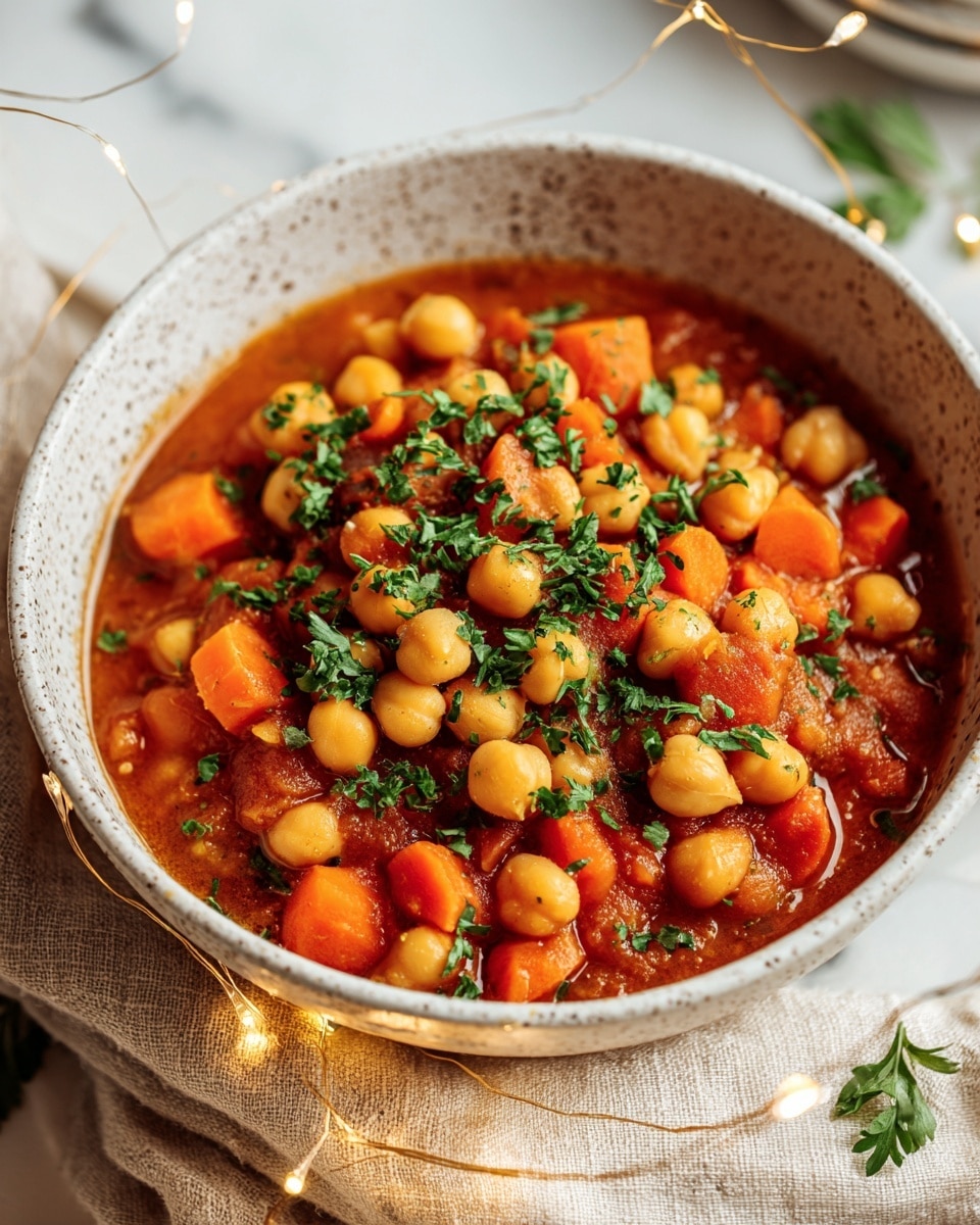 A close-up of a speckled bowl filled with a thick chickpea stew showing three main layers: the base layer is a rich, deep orange-red tomato sauce, the mid layer consists of bright orange carrot chunks mixed evenly with yellow round chickpeas, and the top layer is garnished with chopped green parsley scattered all over. The bowl sits on a light beige textured cloth, placed on a white marbled surface with small warm fairy lights glowing softly around. photo taken with an iphone --ar 4:5 --v 7