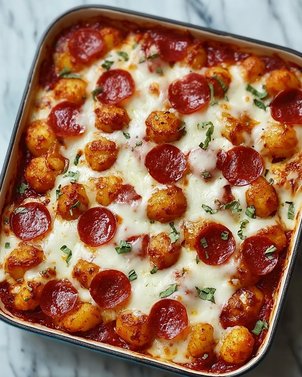 A square baking dish filled with a baked dish that has a base layer of red sauce, topped with small golden-brown potato balls that are softened and roasted to a light crisp, scattered evenly across the surface. A thick layer of melted white cheese covers the potato balls, bubbling and slightly browned in spots. Thin round slices of pepperoni are placed on top, spaced out across the dish, adding a rich reddish color contrast. Small green herb leaves are sprinkled over everything, adding a touch of fresh green. The dish sits on a white marbled surface. Photo taken with an iphone --ar 4:5 --v 7