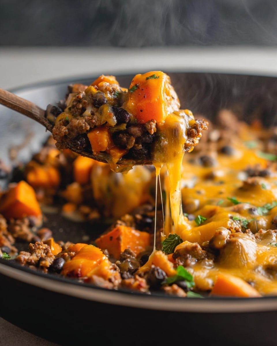 A close-up view of a spoon full of a hot dish taken from a black pan. The dish has several layers: the base is made of small pieces of brown ground meat mixed with black beans, followed by chunks of bright orange sweet potatoes. On top, there is melted yellow cheddar cheese stretching from the spoon back to the pan. Small green herb pieces add color. The dish looks warm, with steam rising gently. The background is softly blurred, focusing on the rich textures and colors of the food. Photo taken with an iphone --ar 4:5 --v 7