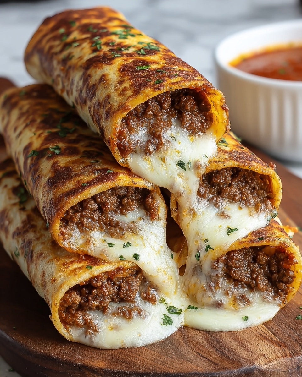 Four rolled and stacked golden-brown tortillas griddled to a crispy texture on the outside, each filled with a rich, dark brown ground beef mixture combined with melted white cheese that stretches out at the edges, showing gooey, creamy texture between layers; the top layer is sprinkled with small green herb bits, likely parsley, adding color contrast. The rolled tortillas are set on a wooden board, with a blurred white bowl of reddish sauce in the background, all placed on a white marbled surface. photo taken with an iphone --ar 4:5 --v 7