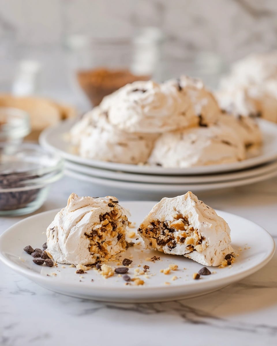 The image shows a close-up of two meringue cookies on a white plate with crumbs and a few dark chocolate chips scattered around. One cookie is whole, showing a rough, cracked white outer shell, while the other is broken in half to reveal a soft, crumbly interior filled with golden-brown nuts and dark chocolate chips. Behind the plate, there is a larger white plate stacked with similar cookies out of focus, and in the background, there are clear glass bowls with dark and light ingredients blurred softly against a white marbled surface. Photo taken with an iphone --ar 4:5 --v 7