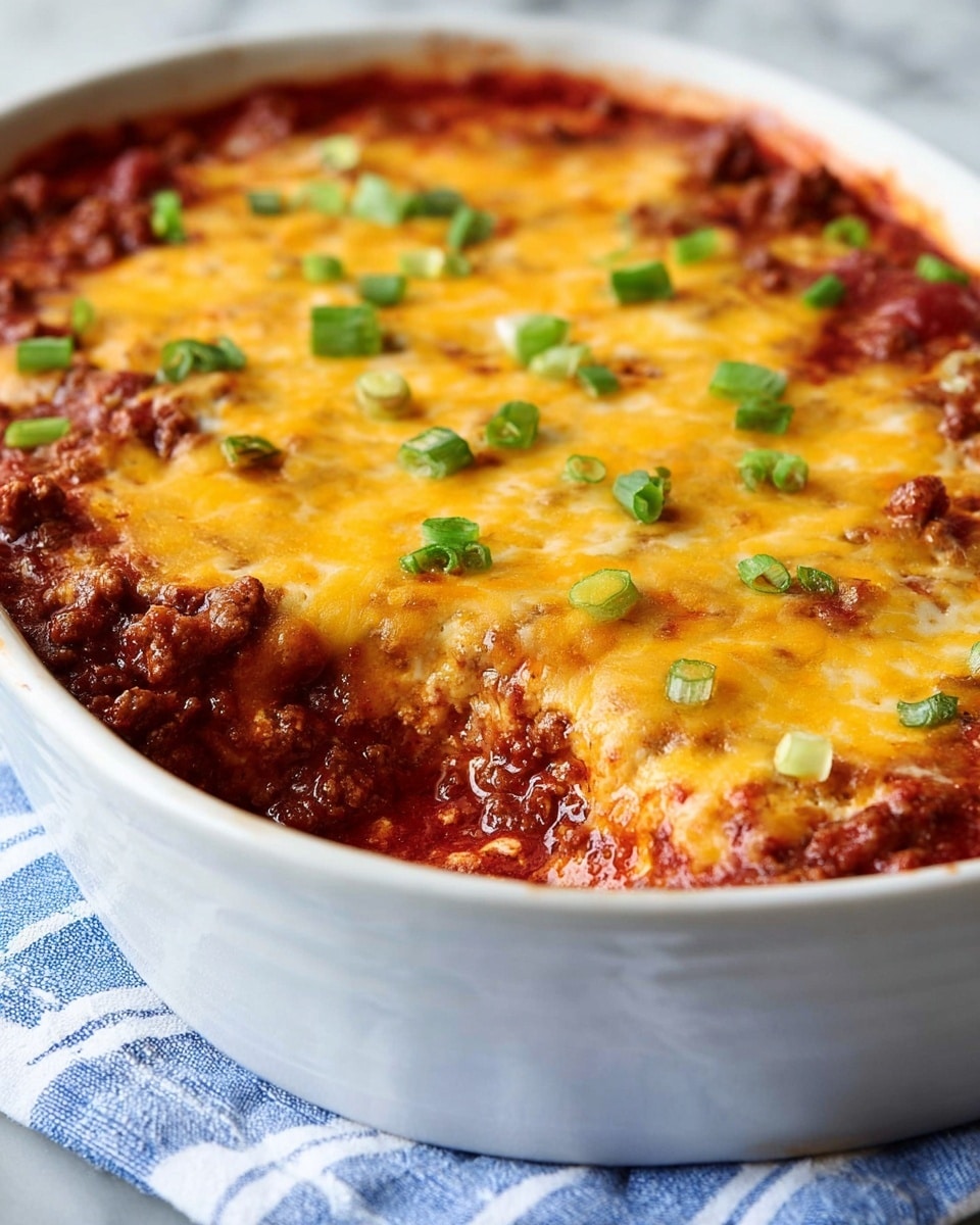 A close-up of a white oval baking dish filled with a layered casserole. The bottom layer is a thick, rich red sauce with visible ground beef pieces, followed by a middle layer of melted, golden yellow cheese spread evenly on top. Small green chopped scallions are scattered softly over the cheese layer, adding a touch of color contrast. The casserole is sitting on a blue-striped white fabric, with the white marbled surface visible in the background. photo taken with an iphone --ar 4:5 --v 7